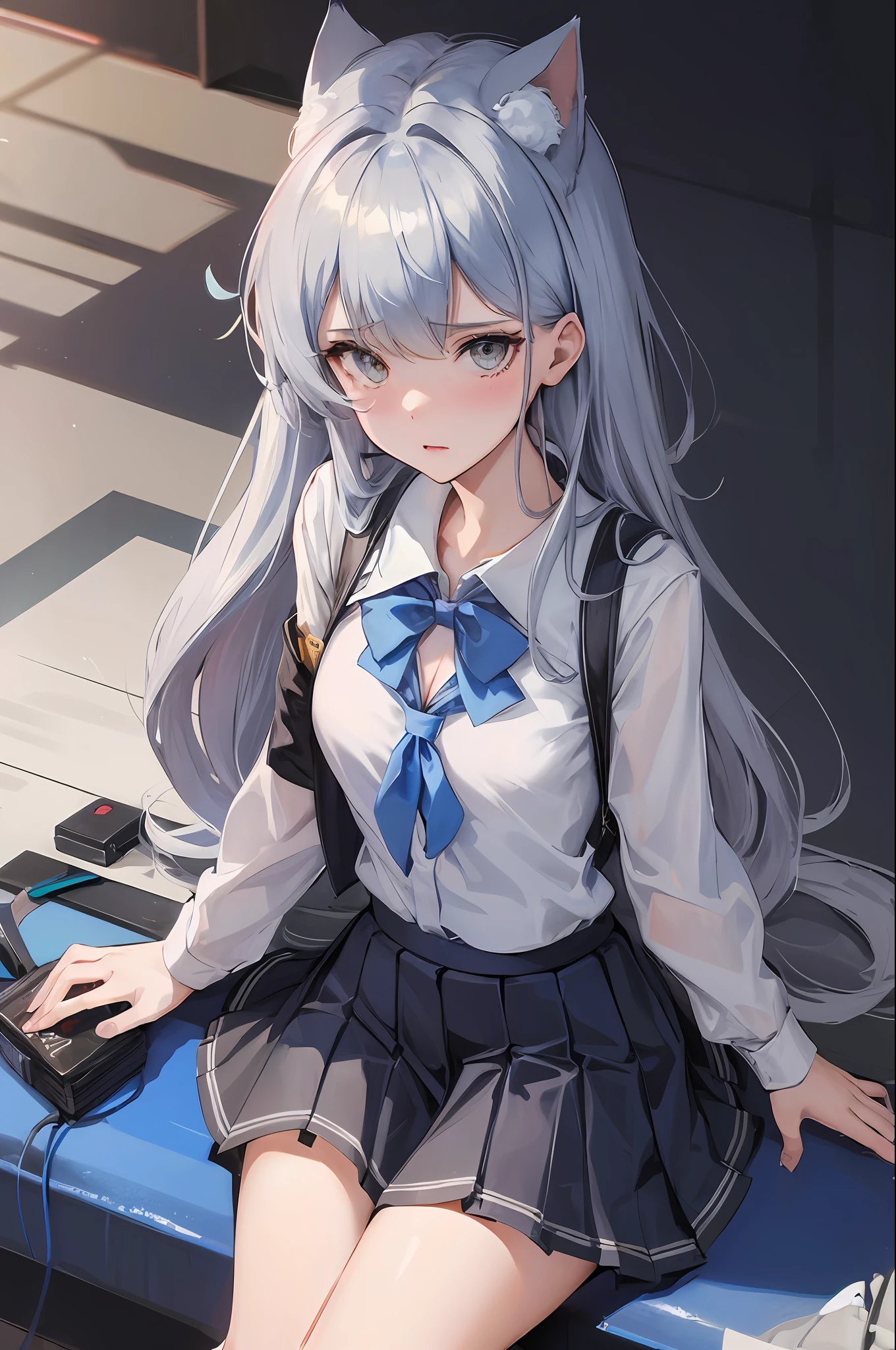 Best quality, masterpiece, super detailed details, anime beautiful girl sitting on basketball court, (short silver gray hair 1.3), cat ears on the head, ((wearing blue shirt, white pleated skirt)), black socks, ((shy expression)), from Girl Front, Girl Front style, exquisite details. Girl Front, Trend in CGSTATION, Kantai Collection Style, Gutiz Style Artwork, Gooditz, Trend in CGSTATION, Surreal Schoolgirl, Azure Lane Style, Girl Frontline CG, Seductive Anime Girl