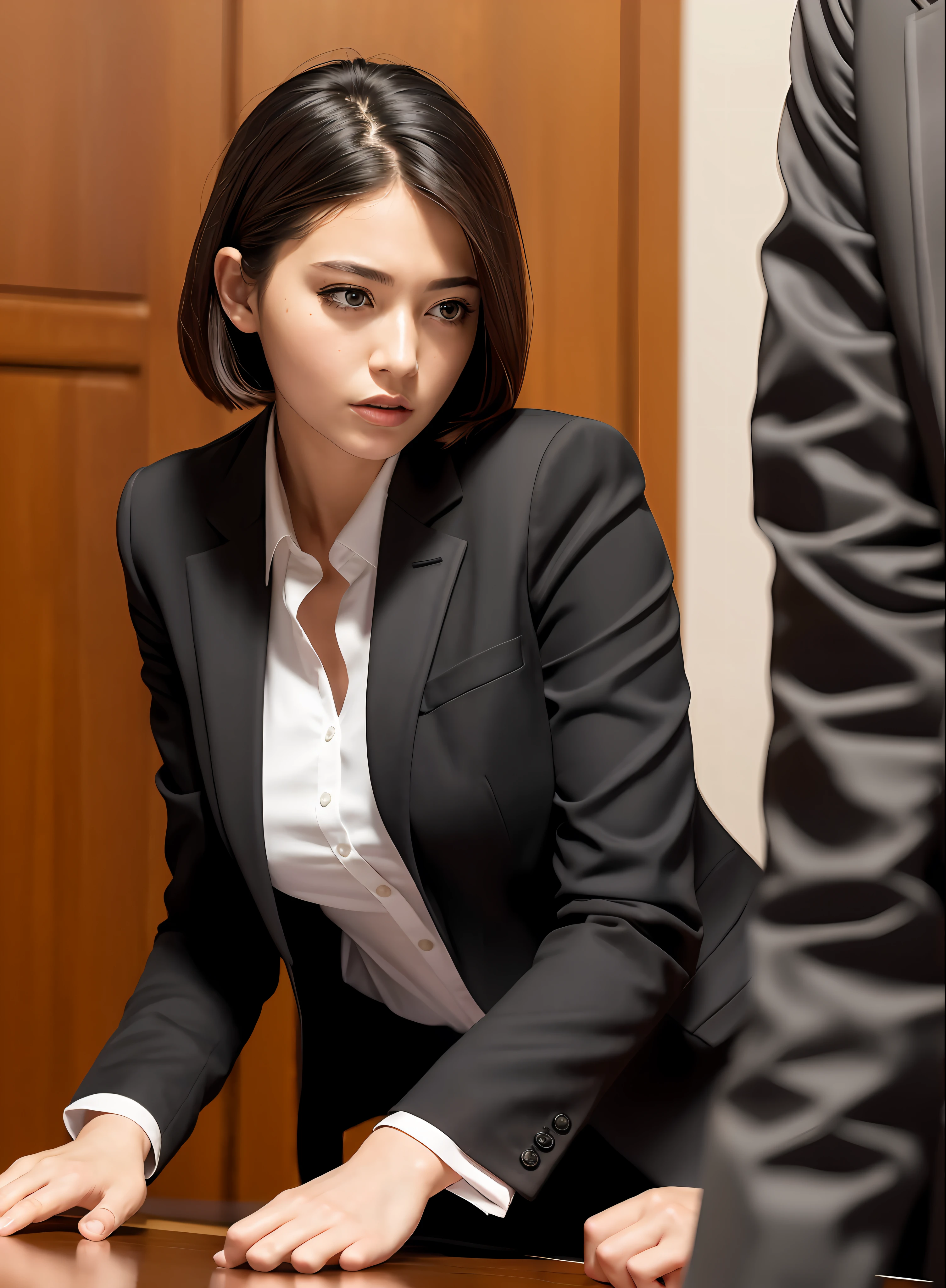 young lawyer, arguing in courtroom, (8k, top quality, masterpiece: 1.2), (realistic, photorealistic: 1.37), ultra detailed, black suit, calm female lawyer