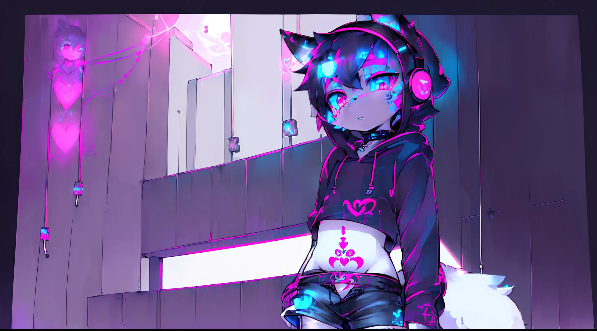 Black Fox, ((Black body, White Body:1.5)), (((masterpiece))), collar, (Dragon Wings:1.45), (headphones:1.4), short hair, black hair, blush, (headphones:1.55), ((Thigh High Socks, Femboy Clothing, Femboy Thigh Highs:1.2)), ((a blue eyes, a pink eyes:1.55)), (((Femboy))), full body, ((womb tattoo, glowing tattoo:1.52)), ((guy look like women:1.52)), (fox tail:1.52), Full HD, 8K, ((short pant, Hoodie crop:1.52)), (small breasts:1.25), paw, full moon