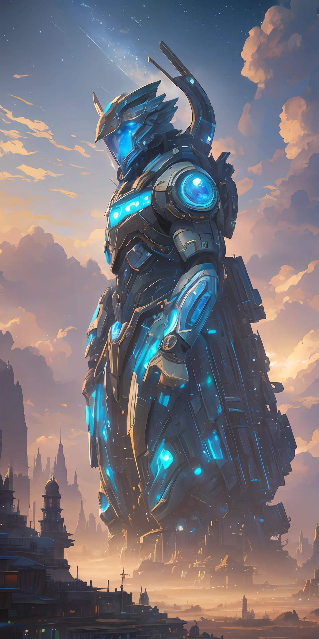 Illustration of a hyperrealistic , otherworldly, ultrasky scene featuring a giant indian demi gods,full body,very detailed and magical neon lighting, intricate cityscape details, vegetation and river around, solarpunk ,landscape, giant tree, beatifull leafy with beautiful lighting and realistic proportions, as if it were a cinematic background, 8k, highest quality, masterpiece, clouds and stars in the sky.Sky, Clouds, holding_weapon, no_humans, Glow,cyborg, city with tall trees _Architecture, “sky, cloud, glowing,ghost in the shell, ghost machines, robot, cybernetic _mech, sci-fi, cityscape, realistic, mechanical” Science Fiction, Cities, Rendered in Octane, hyper realistic, 8k, epic composition, cinematic, octane render, artstation landscape vista photography by Carr Clifton & Galen Rowell, 16K resolution, Landscape veduta photo by Dustin Lefevre & tdraw, 8k resolution, detailed landscape painting by Ivan Shishkin, DeviantArt, Flickr, rendered in Enscape, Miyazaki, Nausicaa Ghibli, Breath of The Wild,,trending in artstation, cgsociety, 8k post-processing highly detailed,Junji Murakami, Mucha Klimt, Sharandula, Hiroshi Yoshida, Tom Bagshaw, Ross Tran, Artgerm,Craig Mullins,dramatic,Junji Murakami, moody lighting rendered by octane engine,characters 8K symmetrical arstation, cape,cinematic lighting, intricate details, 8k detail post processing, hyperealistic, octane rend, Zdzisław Beksiński style, ar 2:3 Reality Reality –auto –v6 –s2 --auto --s2