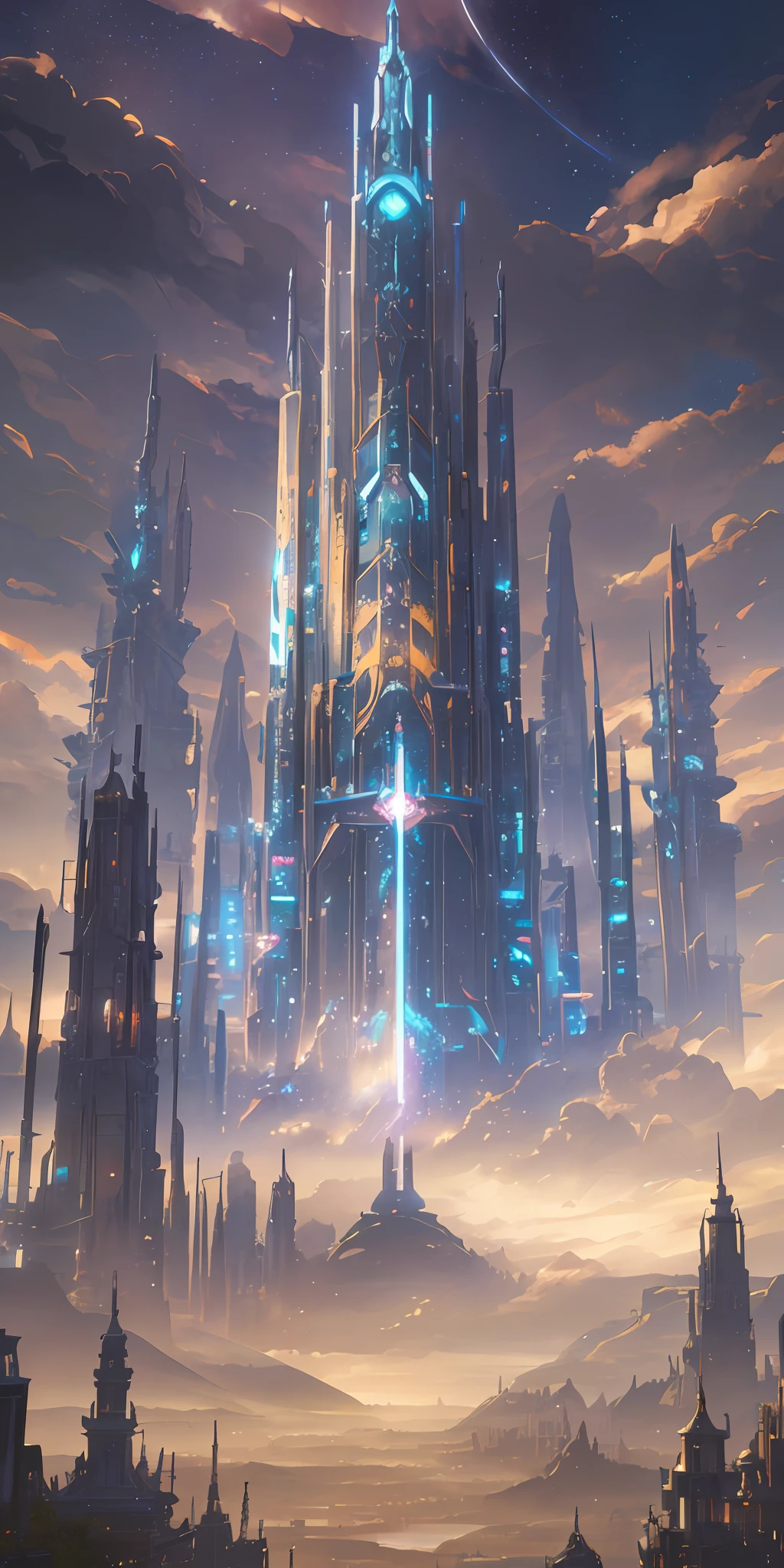 Illustration of a hyperrealistic , otherworldly, ultrasky scene featuring a giant indian demi gods,full body,very detailed and magical neon lighting, intricate cityscape details, vegetation and river around, solarpunk ,landscape, giant tree, beatifull leafy with beautiful lighting and realistic proportions, as if it were a cinematic background, 8k, highest quality, masterpiece, clouds and stars in the sky.Sky, Clouds, holding_weapon, no_humans, Glow,cyborg, city with tall trees _Architecture, “sky, cloud, glowing,ghost in the shell, ghost machines, robot, cybernetic _mech, sci-fi, cityscape, realistic, mechanical” Science Fiction, Cities, Rendered in Octane, hyper realistic, 8k, epic composition, cinematic, octane render, artstation landscape vista photography by Carr Clifton & Galen Rowell, 16K resolution, Landscape veduta photo by Dustin Lefevre & tdraw, 8k resolution, detailed landscape painting by Ivan Shishkin, DeviantArt, Flickr, rendered in Enscape, Miyazaki, Nausicaa Ghibli, Breath of The Wild,,trending in artstation, cgsociety, 8k post-processing highly detailed,Junji Murakami, Mucha Klimt, Sharandula, Hiroshi Yoshida, Tom Bagshaw, Ross Tran, Artgerm,Craig Mullins,dramatic,Junji Murakami, moody lighting rendered by octane engine,characters 8K symmetrical arstation, cape,cinematic lighting, intricate details, 8k detail post processing, hyperealistic, octane rend, Zdzisław Beksiński style, ar 2:3 Reality Reality –auto –v6 –s2 --auto --s2