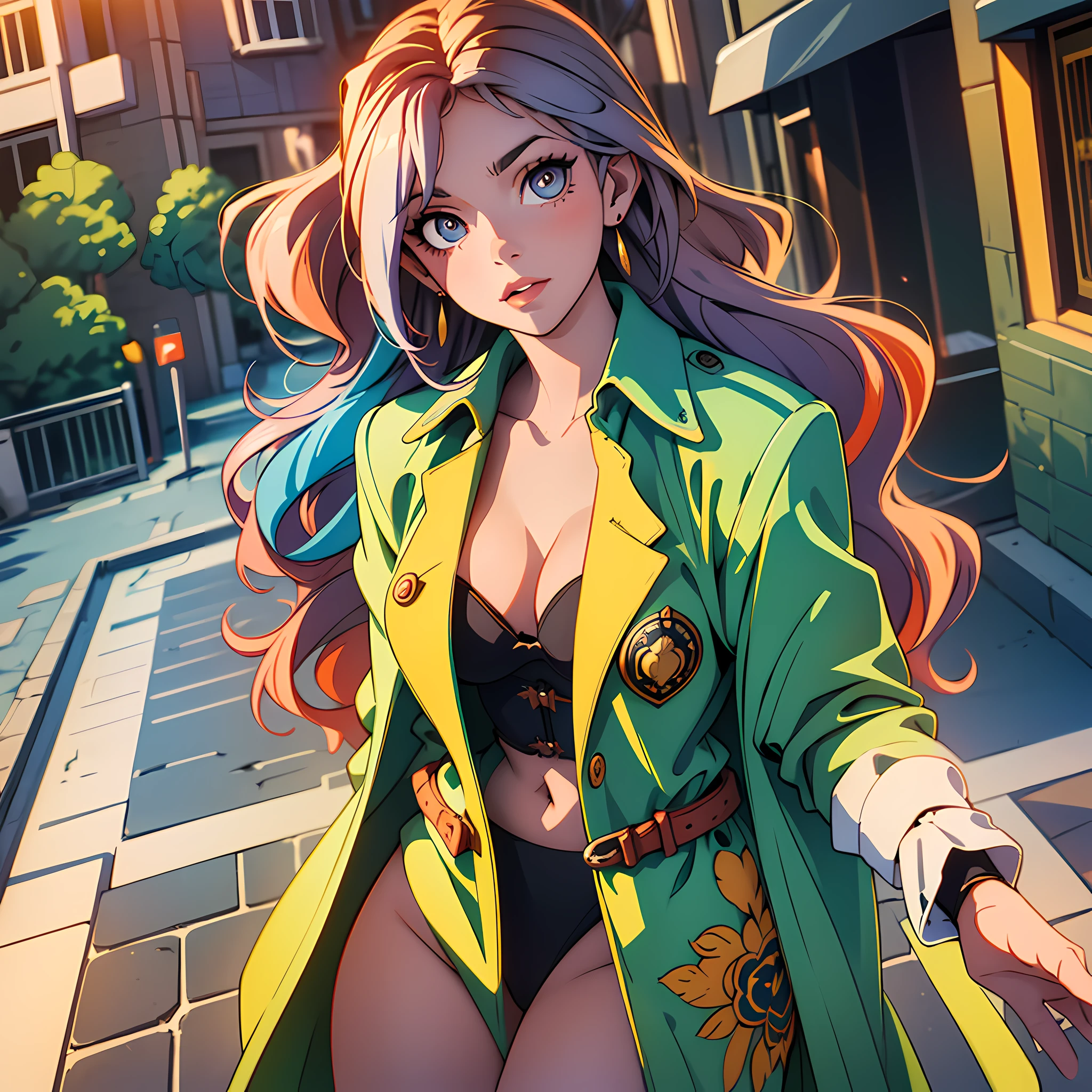 Masterpiece, best quality, (1 person: 1.3), long hair, colored tips, curly hair, colored pupils, earrings, tie, nude photos, corsets, mafia style, handcuffs, wrap coat, street, from above, (Dutch angle), lens flare, depth of field --auto --s2