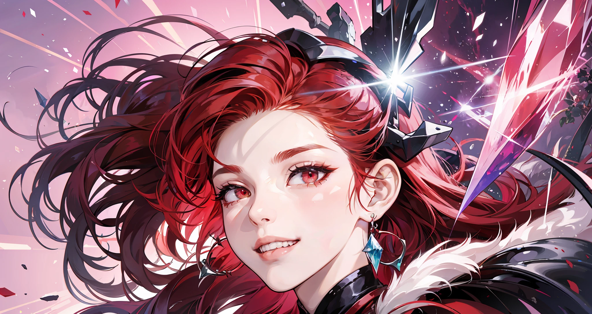 red hair, jeweled branch of hourai, eye reflection, wince, gradient_eyes, crystal earrings, grin, fangs, wince, Surrealism, Cubist Futurism, motion lines, UHD, textured skin --auto --s2