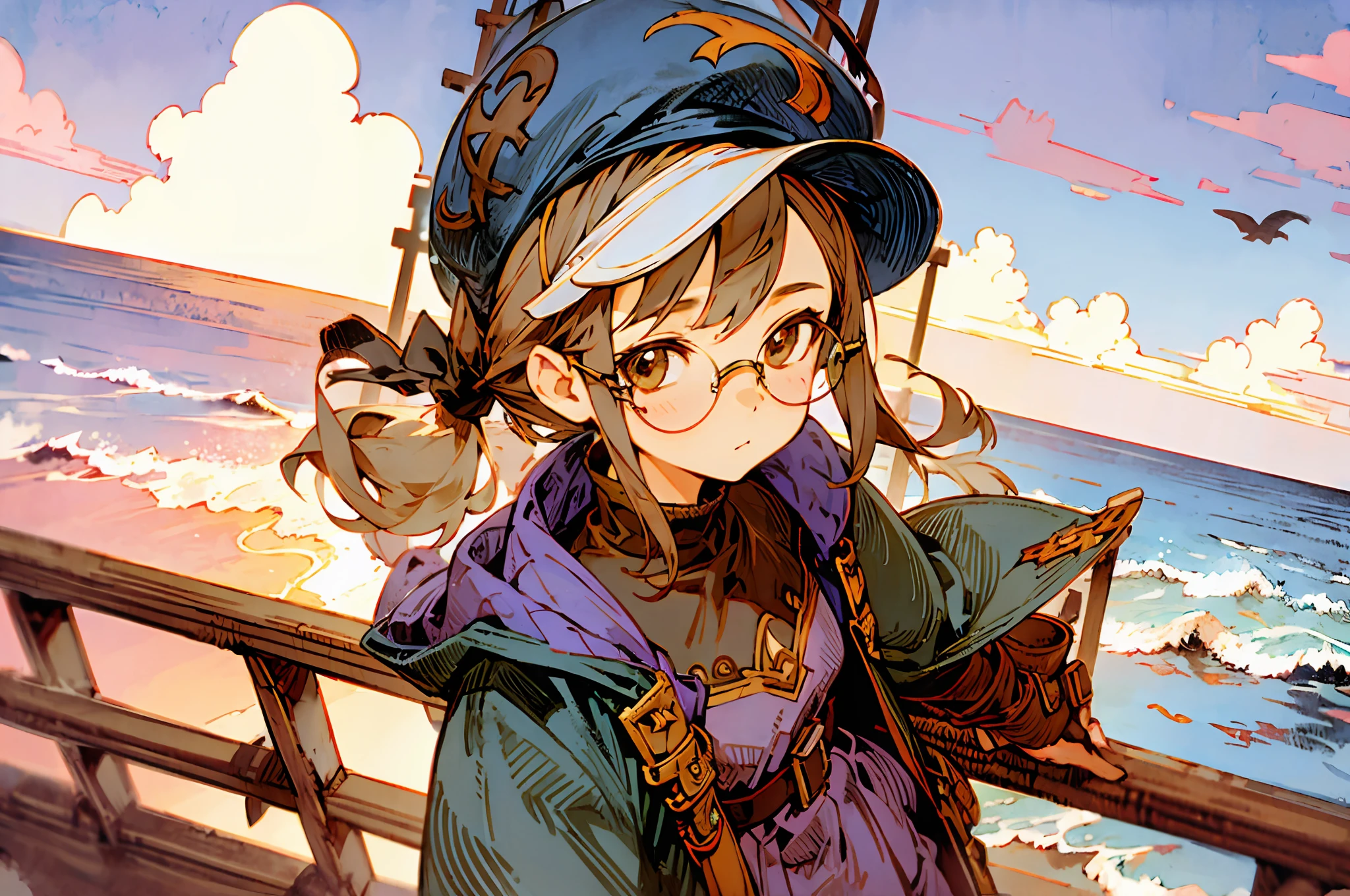 horizon, cloudy sky background, ocean, building silhouettes in the distance