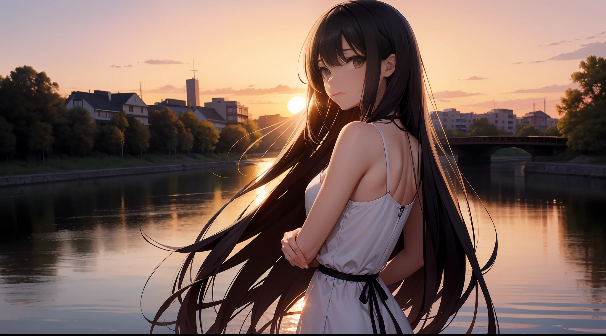 Long hair and waist, skinny little woman, sunset, by the river