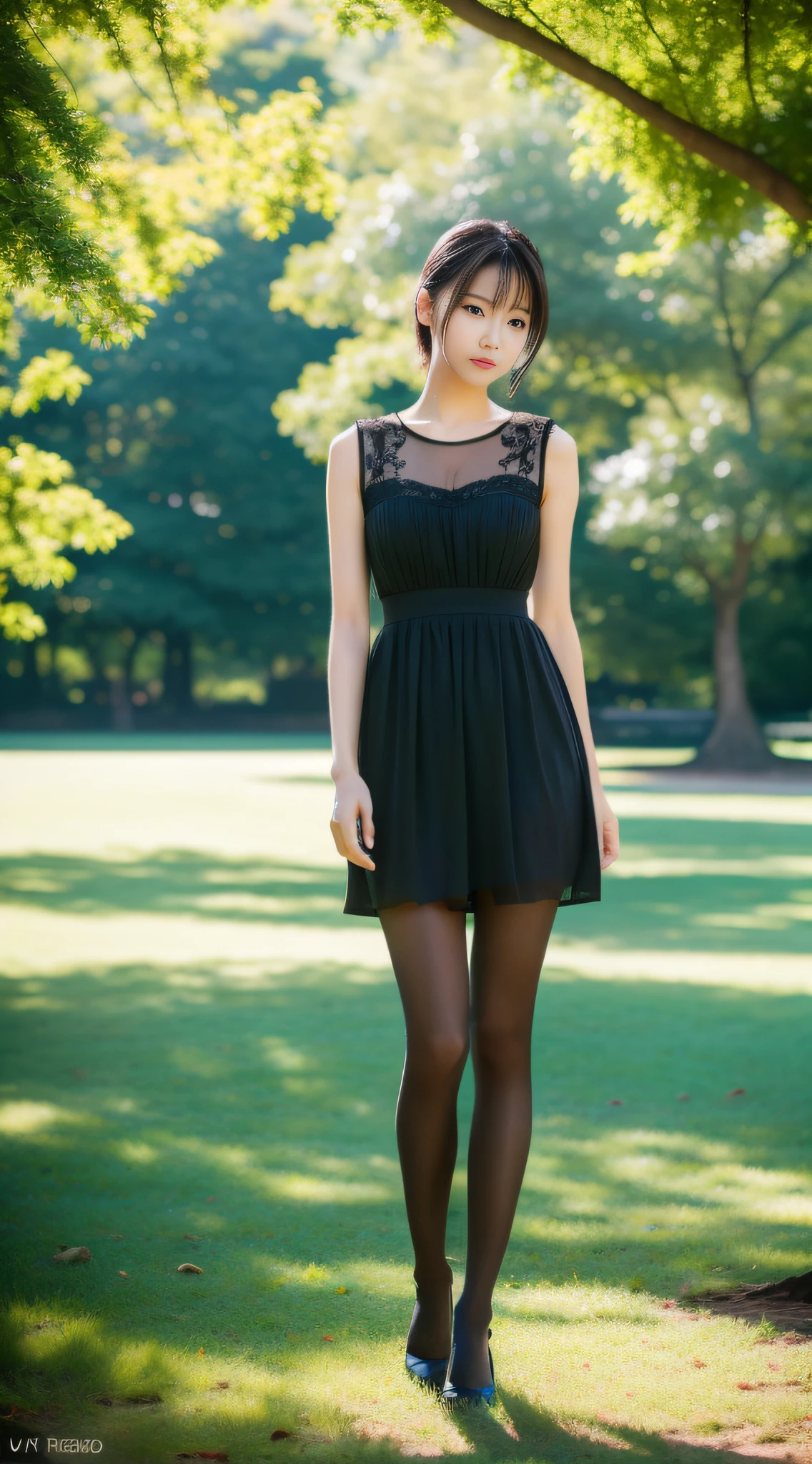 An Asian girl, delicate facial features, vivid eyes, tall figure, masterpiece, 8K, RAW, professional photography, more details, award-winning work, ultra high definition, retina screen, solution to learn correct, (True: 1.4), Look away, dress, (pantyhose with Asian skin tone: 1.4), soft light, full body view, side shot, walk in the park, background bokeh, depth of field, 85mm1.2