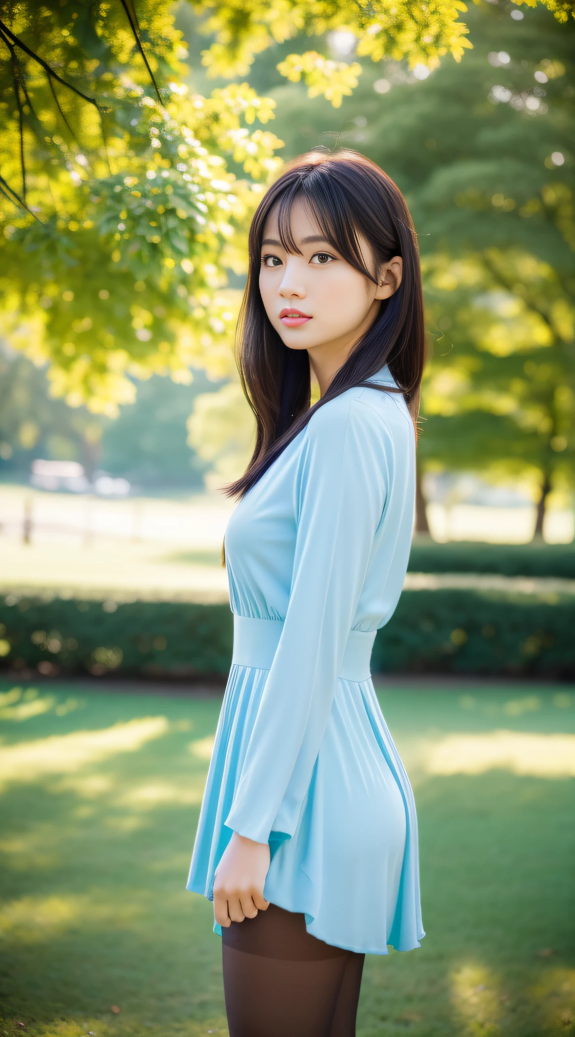 An Asian girl, delicate facial features, vivid eyes, tall figure, masterpiece, 8K, RAW, professional photography, more details, award-winning work, ultra high definition, retina screen, solution to learn correct, (True: 1.4), Look away, dress, (pantyhose with Asian skin tone: 1.4), soft light, full body view, side shot, walk in the park, background bokeh, depth of field, 85mm1.2