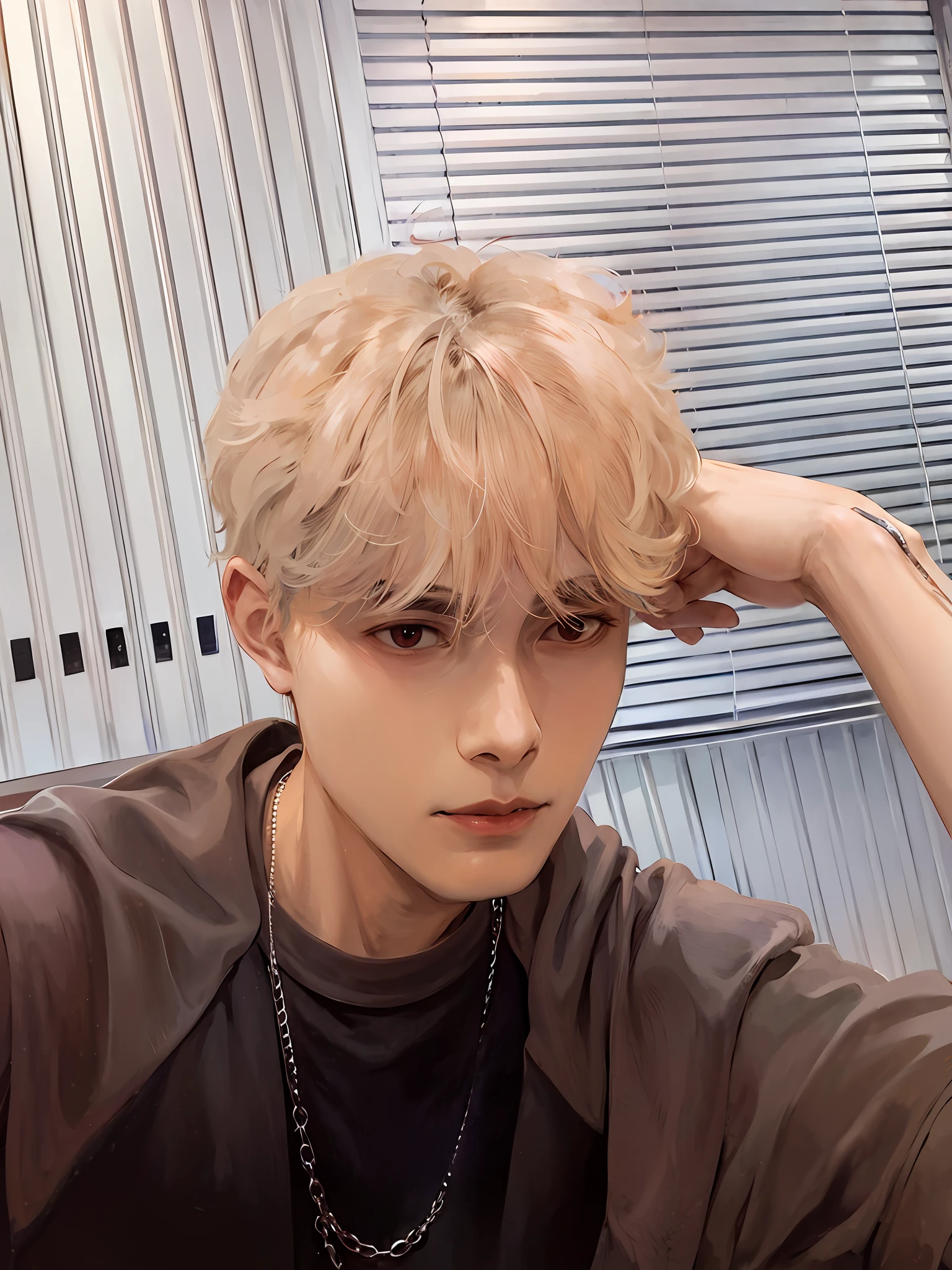 Man in Black Chain, adapted from Cheng Yanjun, Cai Xukun, Kim Do-young, Jung Yanjun, Zheng Yanchan, Urzan, Jung Jae-hyun, Hyung Tae, Bian Shoumin, Hong Jun Heng, Kanliu666; Short hair, slightly fluffy top, a few strands of hair sticking out of the ears, bright red lips pitch-black chains, wearing a black coat with silver chain decoration.