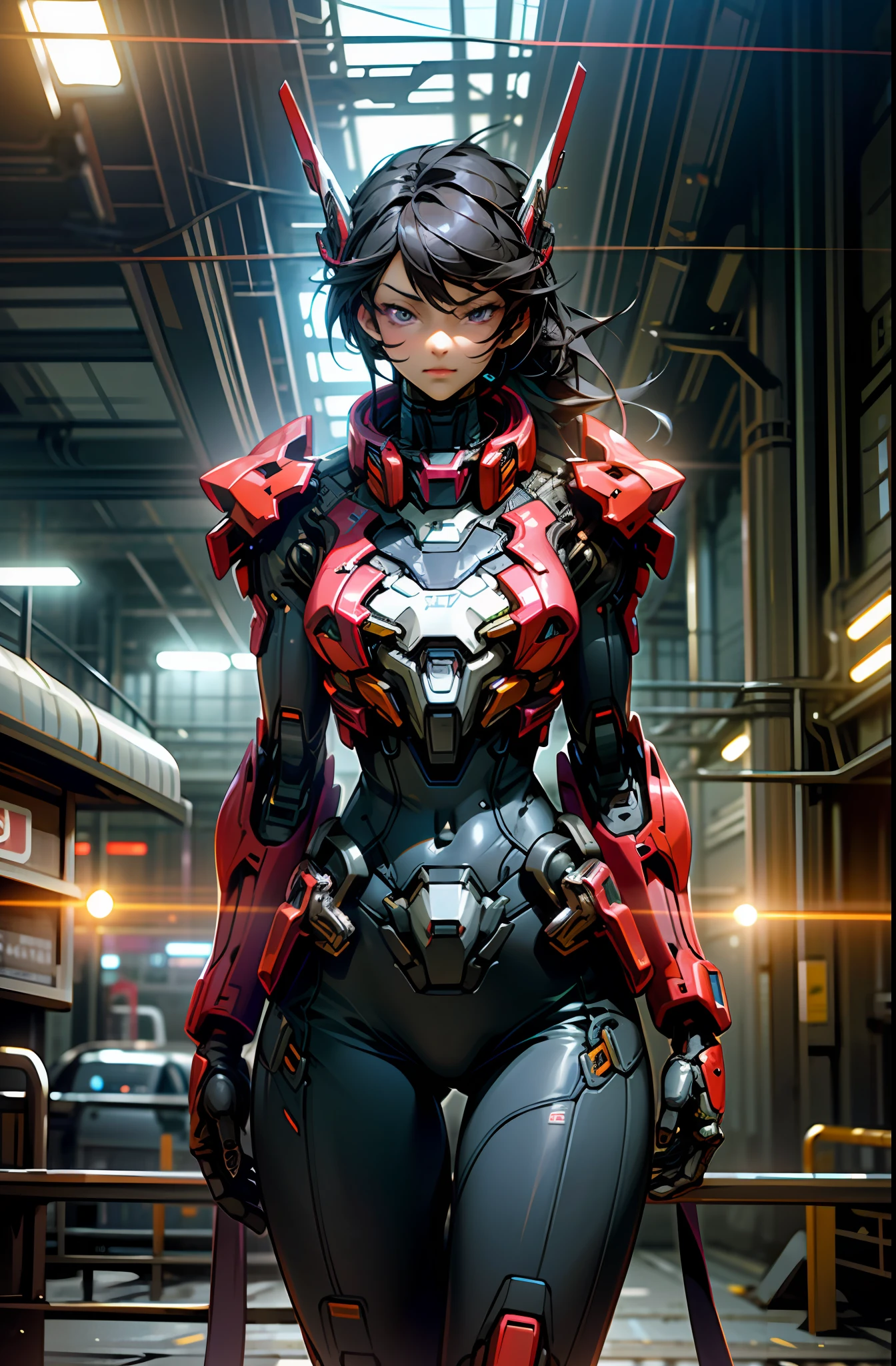 Girl, sexy, face and chest and thighs skin exposed, big, cleavage shows skin, purple eyes, glowing eyes, fine LED lamps, detailed neon, Dark_Fantasy, cyberpunk suit, (Gundam, red: 1.1), one, mechanical wonder, robotic presence, cybernetic guardian, wearing a worn-out mech suit, complex, (steel metal [rusty]), elegant and clear focus, shooting by Greg Rutkowski, soft lighting, bright colors, masterpieces, (street)), cowboy shots, dynamic poses,