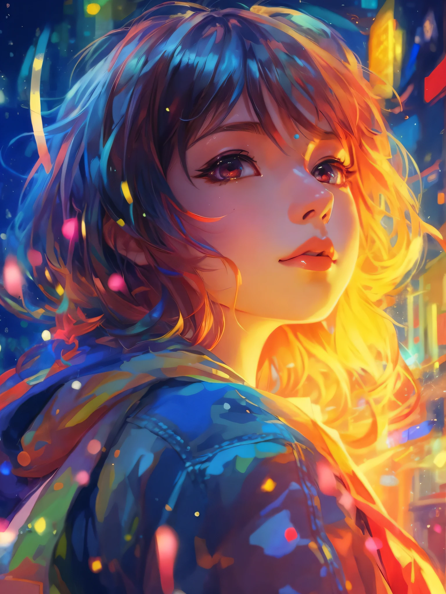 a girl with a bright hair and a blue jacket looks at the camera, inspired by Yuumei, digital anime art, colorful digital painting, rossdraws cartoon vibrant, anime style 4 k, alice x. zhang, by Yuumei, digital anime illustration, beautiful anime portrait, vibrant digital painting, detailed digital anime art, anime digital art