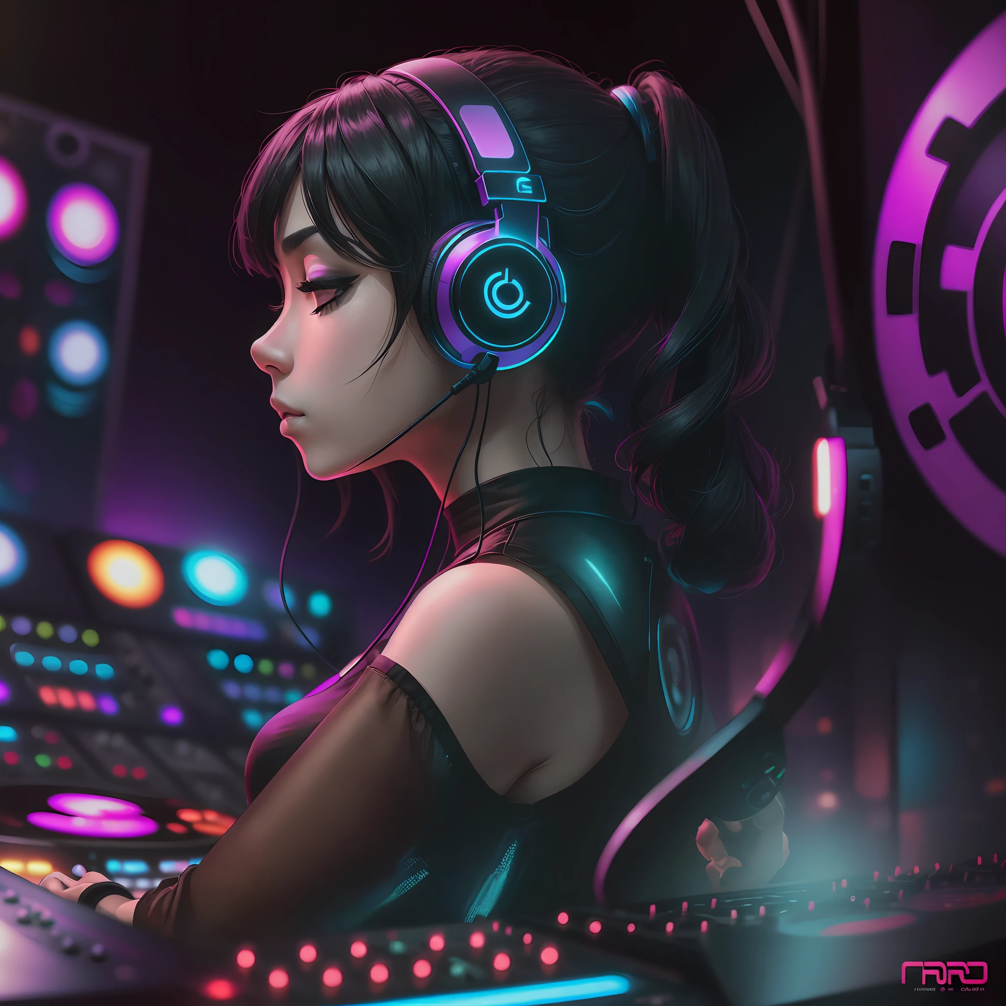arafed woman in a black top and headphones playing music on a turntable, an album cover inspired by Zhou Wenjing, trending on cg society, funk art, dj set, dj sura, dj, unknown artist, profile picture 1024px, turntablism dj scratching, djing with dj turntables, dj at a party, playing techno house music --auto --s2