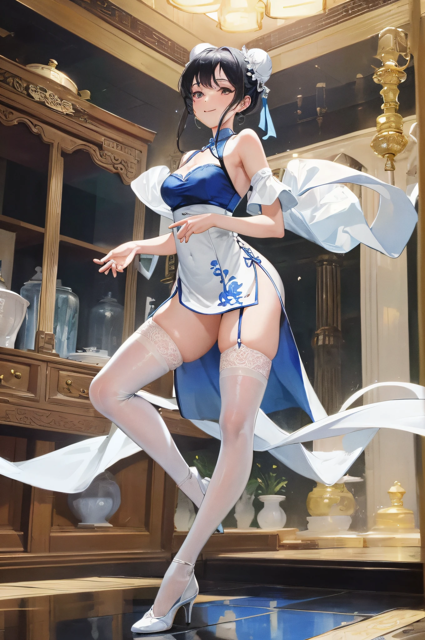 Masterpiece, Excellent, 1 Female, White Cloth Bun Bun, Fingers to the Mouth, Legs Wearing White Stockings with Lace Trim, Blue Cheongsam, Blue Clothes, A Little Cleavage, Leaky Shoulders, High Heels, Black Hair, Smile, Embroidered Clothes, Full Body Photo, Antique Chinese, Leg Lift
