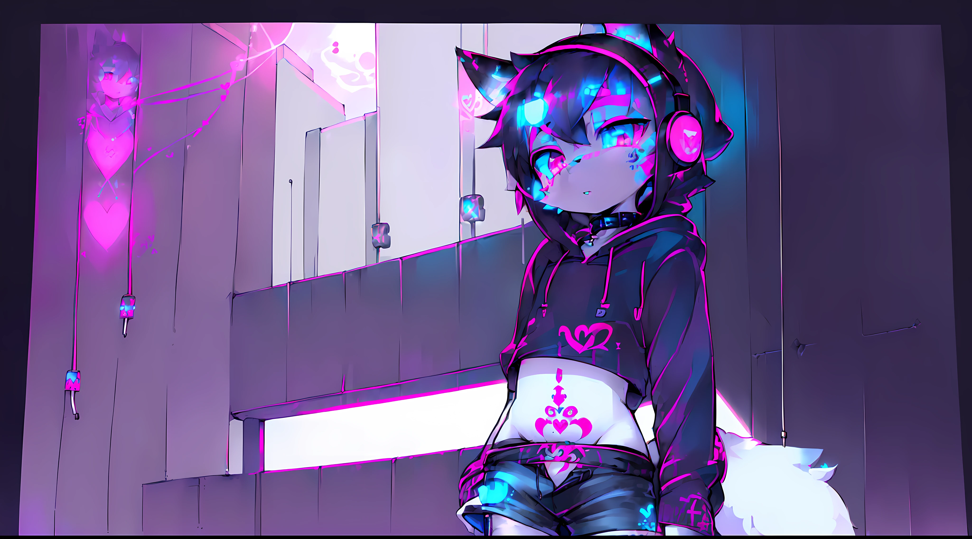 Black Fox, ((Black body, White Body:1.5)), (((masterpiece))), collar, (Dragon Wings:1.45), (headphones:1.4), short hair, black hair, blush, (headphones:1.55), ((Thigh High Socks, Femboy Clothing, Femboy Thigh Highs:1.2)), ((a blue eyes, a pink eyes:1.55)), (((Femboy))), full body, ((womb tattoo, glowing tattoo:1.52)), ((guy look like women:1.52)), (fox tail:1.52), Full HD, 8K, ((short pant, Hoodie crop:1.52)), (small breasts:1.25), paw, full moon