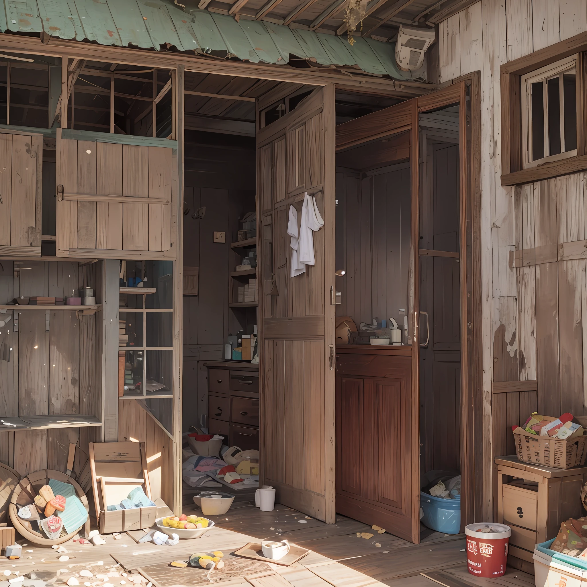 In the old dilapidated house, there is a small box and a bunch of snacks next to it