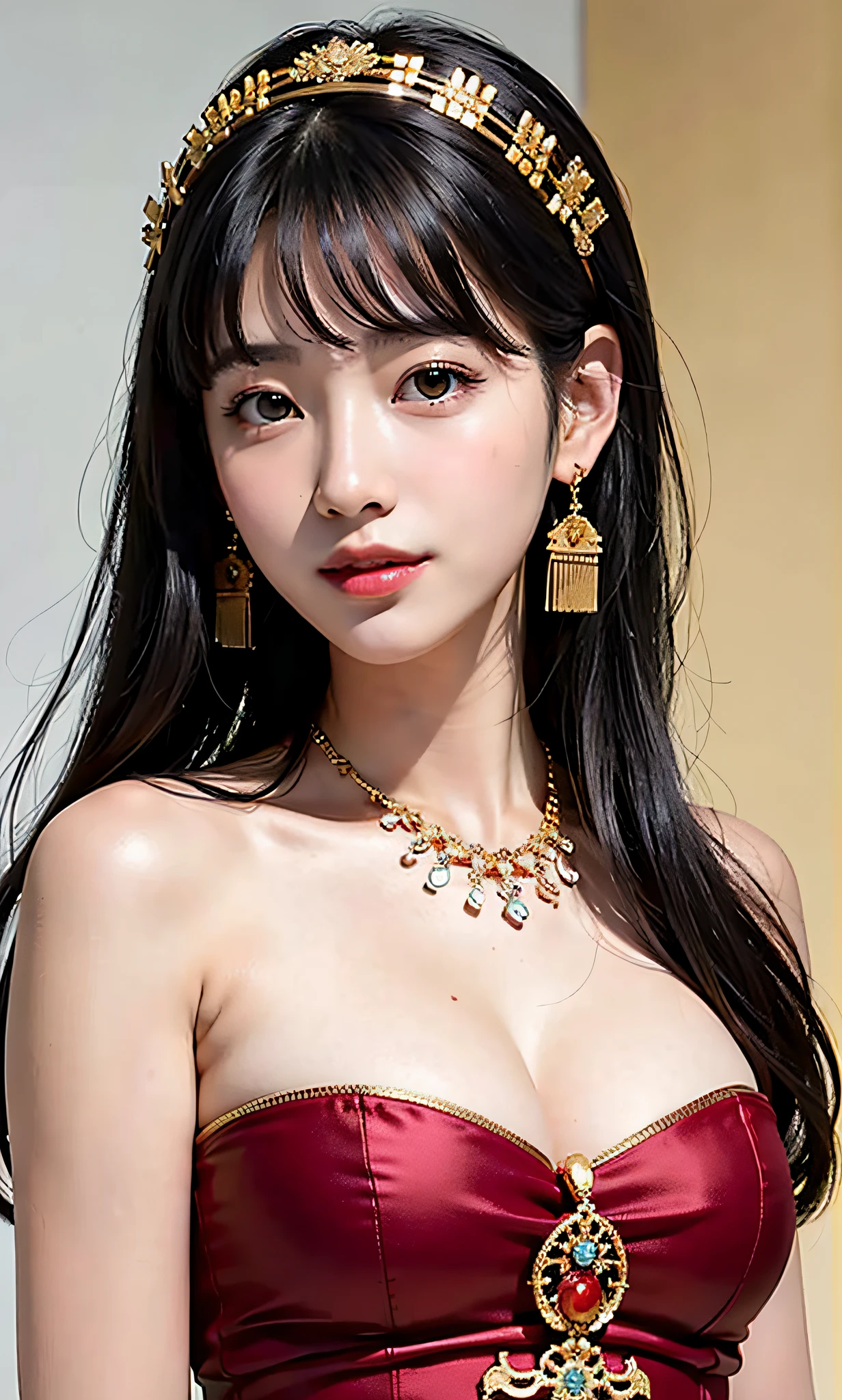 ulzzang-6500-v1.1, (Raw photo:1.2), (Photorealistic:1.4), Beautiful detailed girl, Highly detailed eyes and face, Beautiful detailed eyes, Ridiculous, Incredibly ridiculous, Huge file size, Ultra detailed, High resolution, Very detailed, Best quality, Masterpiece, Best quality, Masterpiece, Detailed skin texture, Detailed cloth texture, Detailed face, super detail, 8k, intricate detail, 1girl, black hair, bangs, ancient chinese background, thin, collarbone, headdress, earrings, bread, hair ornament, jewelry necklace, smile, full body photo