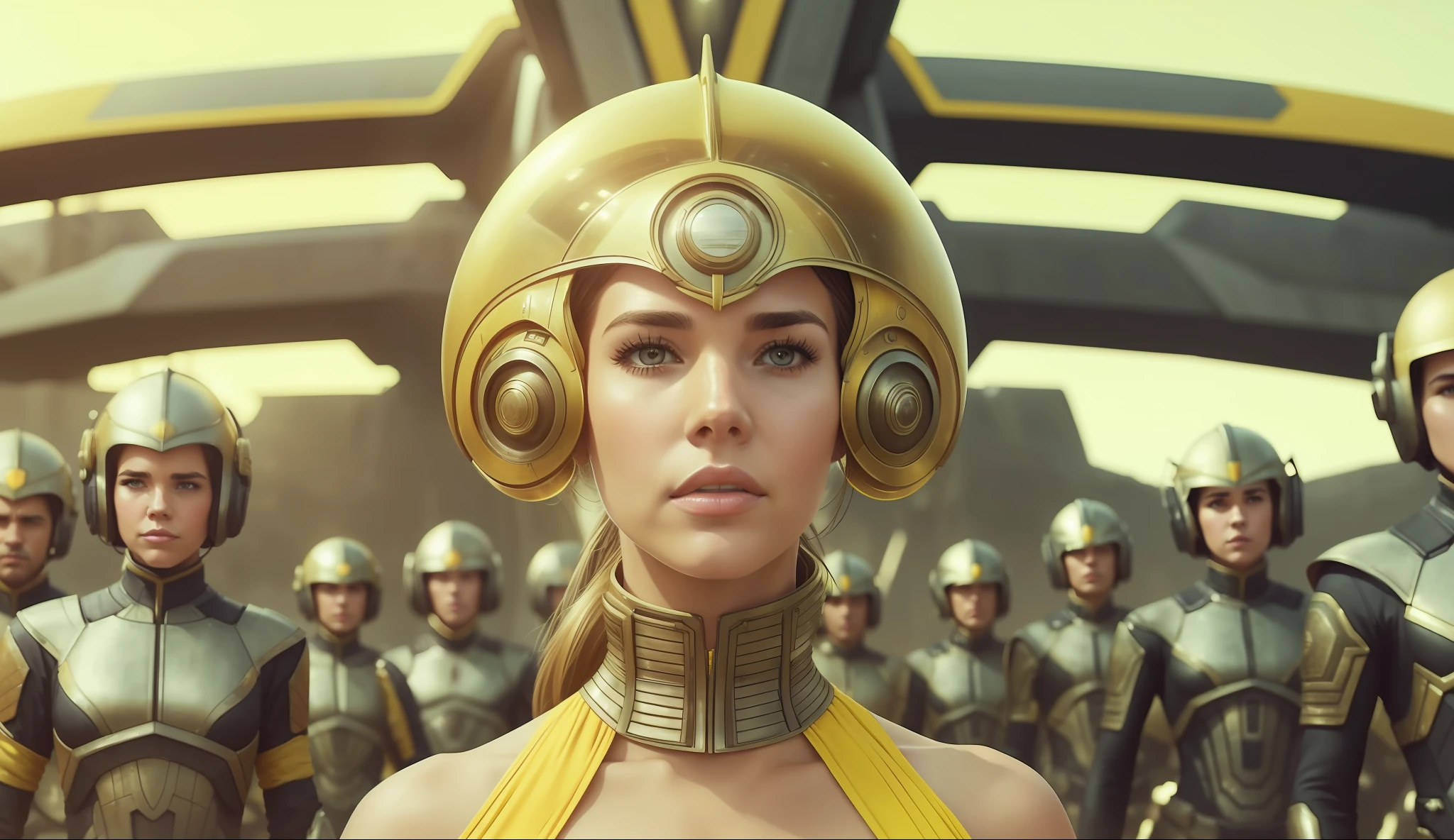 a woman (Christa B. Allen) in a yellow dress standing in front of a group of men, a detailed matte painting by Magali Villeneuve, cgsociety, retrofuturism, dystopian art, futuristic, reimagined by industrial light and magic