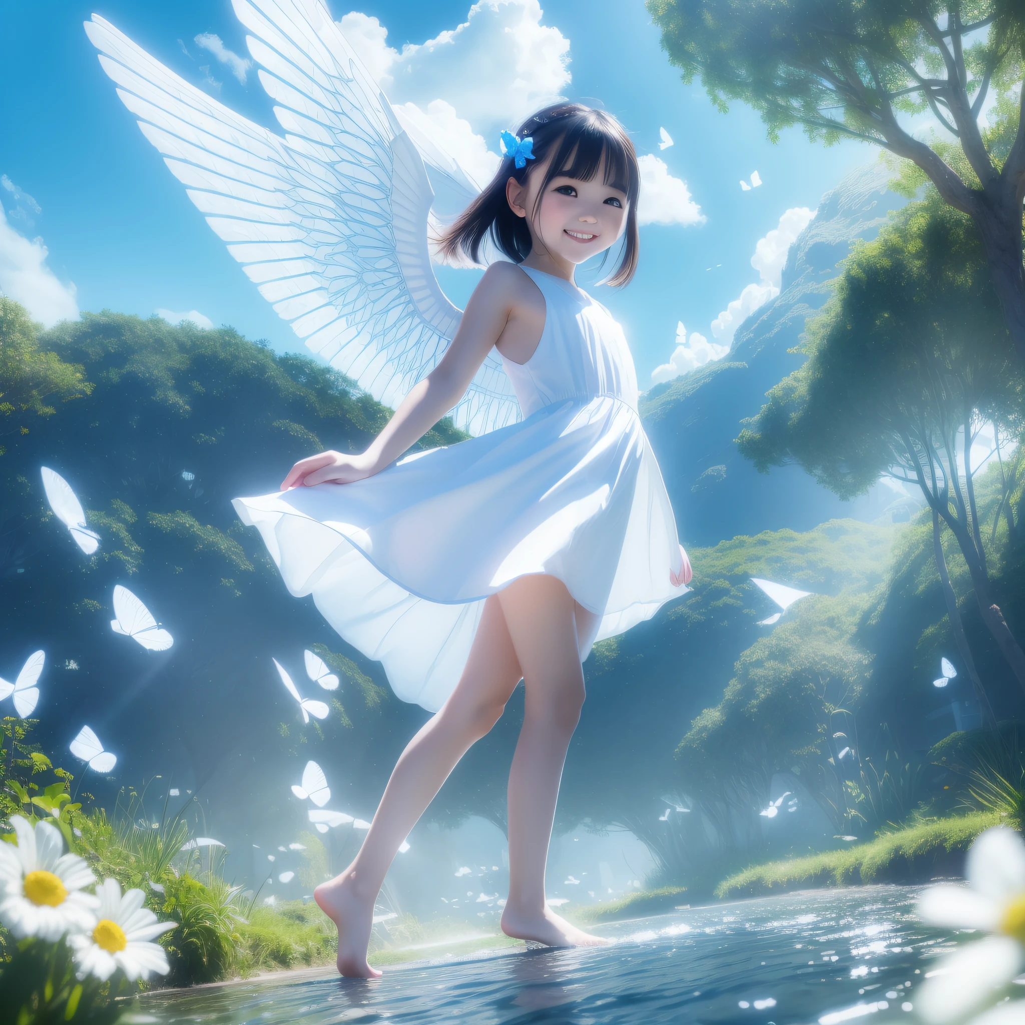 girl, grinning, small face, full body, ((floating in the air)),glowing,((blue sky)),((white dress)),((wings fluttering)),((big white wings)),((innocent)),((naïve)),black hair