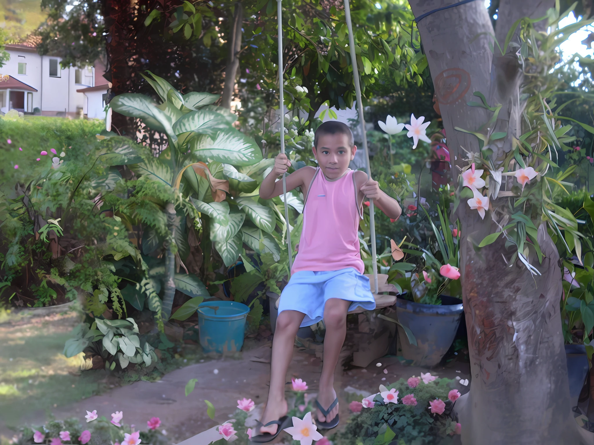 Put in HD. Sharp image, realistic photo, large lilies on the tree, on the ground trimmed grasses, on the background foliage and folres and next to a house in the distance, scanned photo