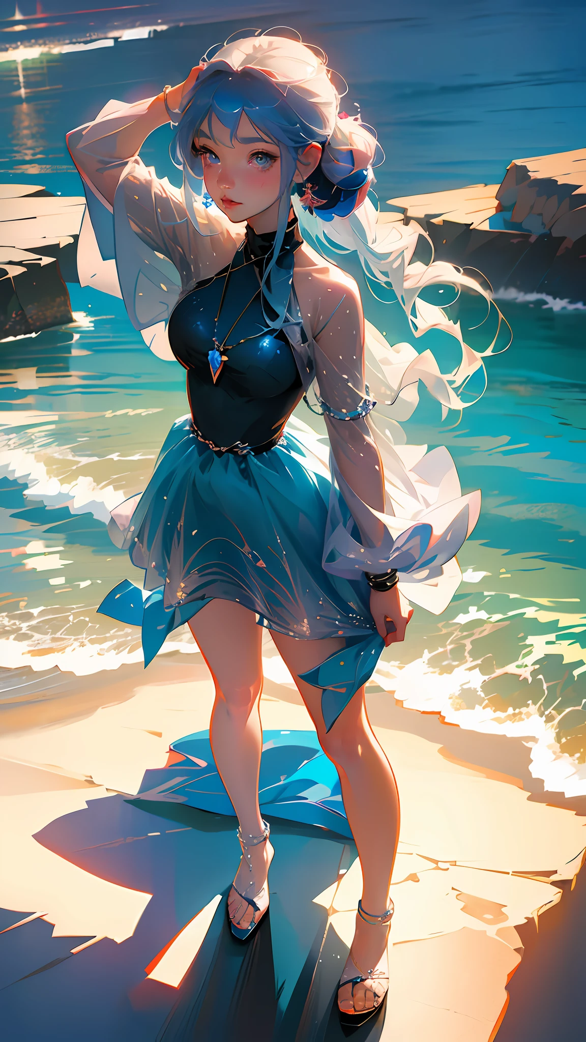 anime girl with blue hair standing on a beach near the ocean, wallpaper anime blue water, loli in dress, anime style 4 k, anime art wallpaper 8 k, anime art wallpaper 4k, anime art wallpaper 4 k, 4k anime wallpaper, beautiful anime artwork, beautiful anime, beautiful anime girl, beautiful anime art, cute anime waifu in a nice dress