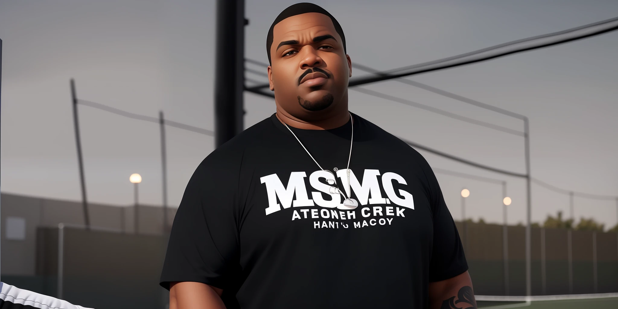 a close up of a man in a black shirt standing on a tennis court, big moe, stocky, smug look, chris tulloch mccabe, taken in the early 2020s, robust stocky body, art masterpice, trending photo, aaron sims, as the protagonist of gta 5, thicc, smug smirk, smug expression --auto --s2