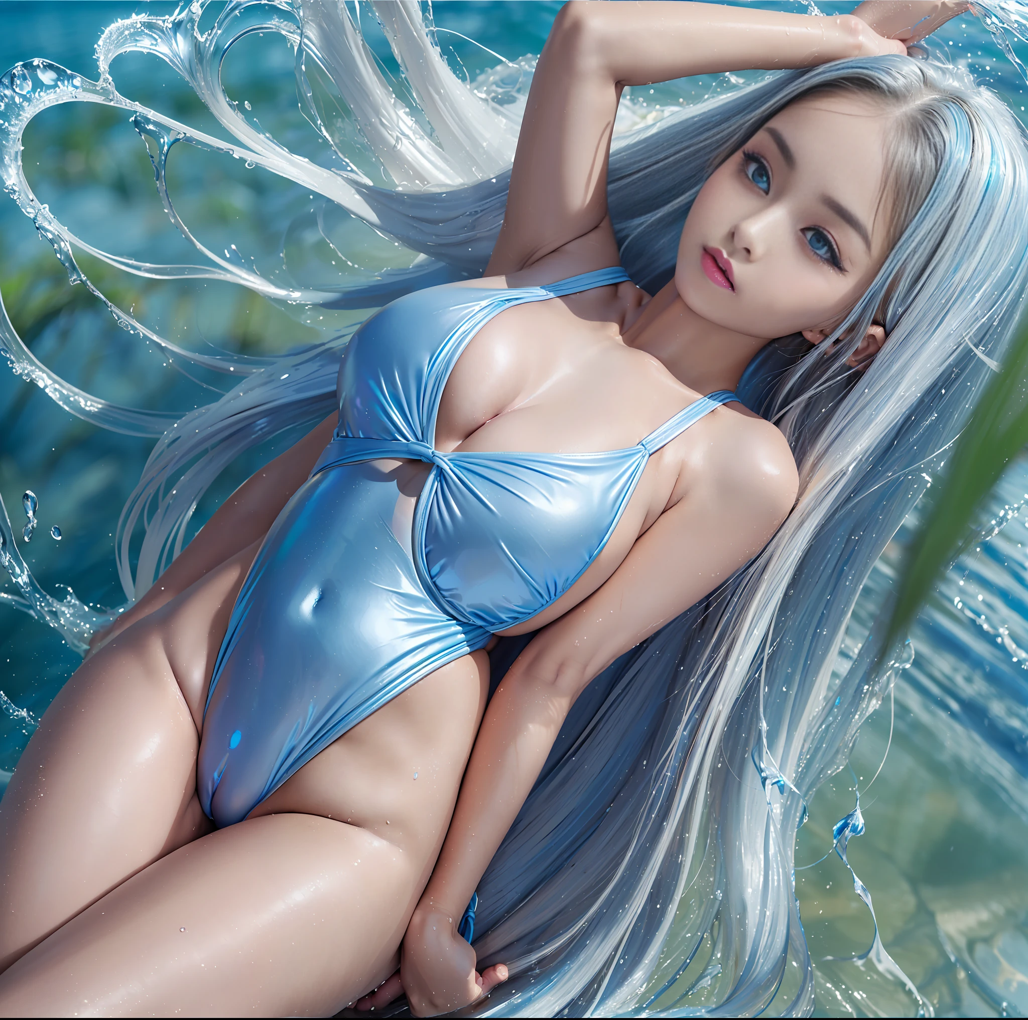 (top quality, masterpiece), 1girl, intricate details, (shading realistic lighting), huge file size, high resolution, elegant, realistic, (perfect anatomical depiction of the human body), teenage girl is looking at me on the beach at sunset, serious expression, girl whitening skin blue eyes and partially braided long hair is a brunette Japan, japanese, (very big), (super big), (thin waist), (big buttocks), (thin thighs), (), (((white one-piece swimsuit)). (the breasts of the swimsuit are very cramped), (dark areolas), (the swimsuit crushes the large breasts and spreads to the side), (beautiful big blue eyes), (thin and clear double eyelid lines in the eyes), (glossy, plump and brightly toned tear bags under the eyes), (pale blue iris), (some highlights on the iris and pupil), (red representation of the conjunctiva), (long eyelashes that are well visible), ( Swimsuit with super big), (skin and hair sparkling in the sunlight), (standing legs crossed and hands on buttocks) , cameltoe, (front and back shots from knee up), perfect hands, nice hands, wet,
