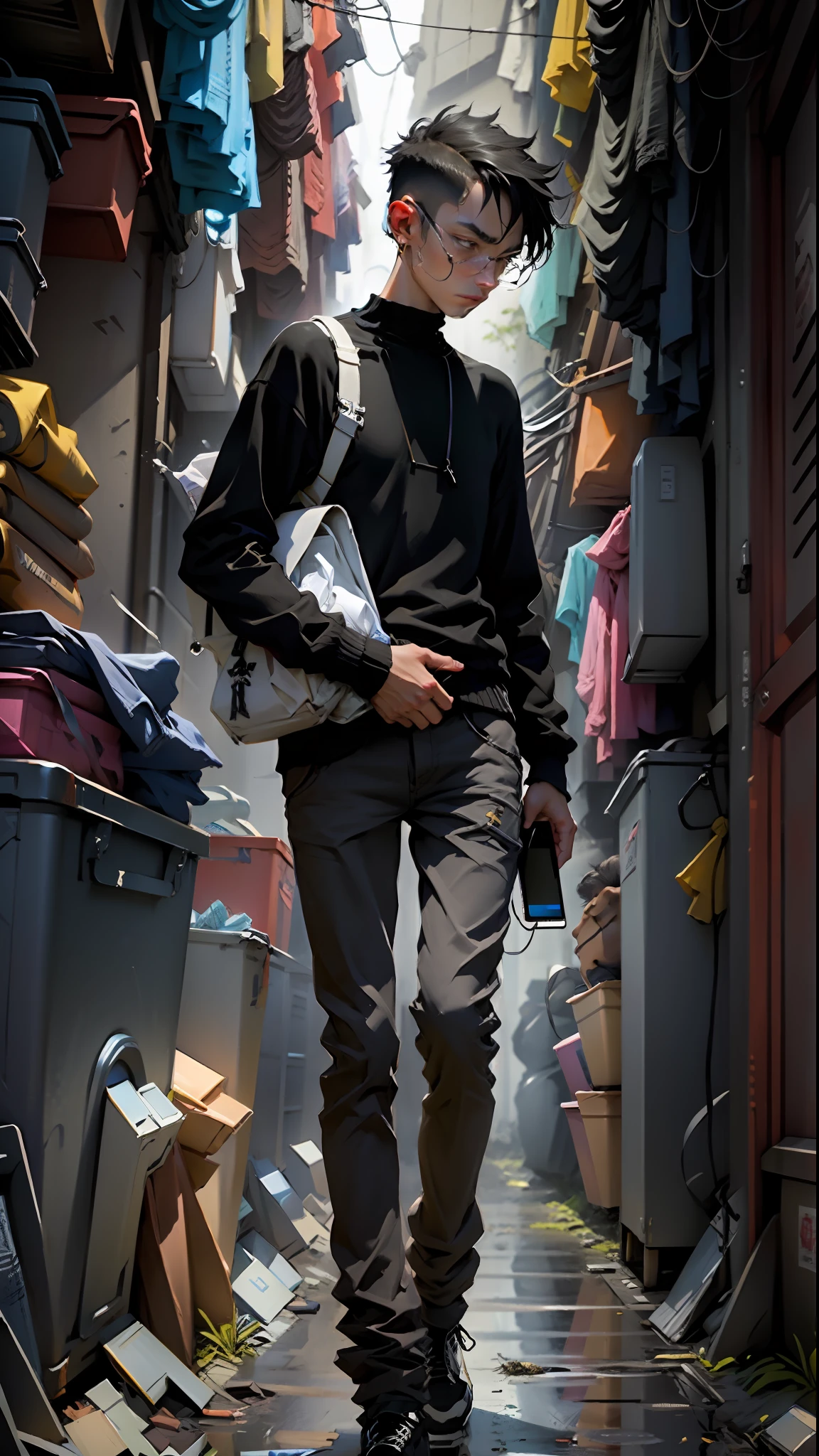 Man of 1.75, black, introverted, thin, always with something technological in hand.