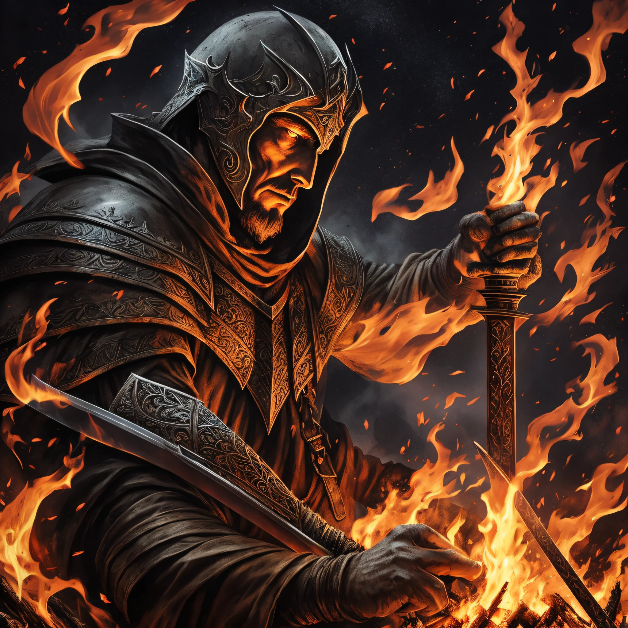 DS2 Lord of Ashes,sitting in front of campfire,rustic art,holding a fire sword,black background --auto --s2