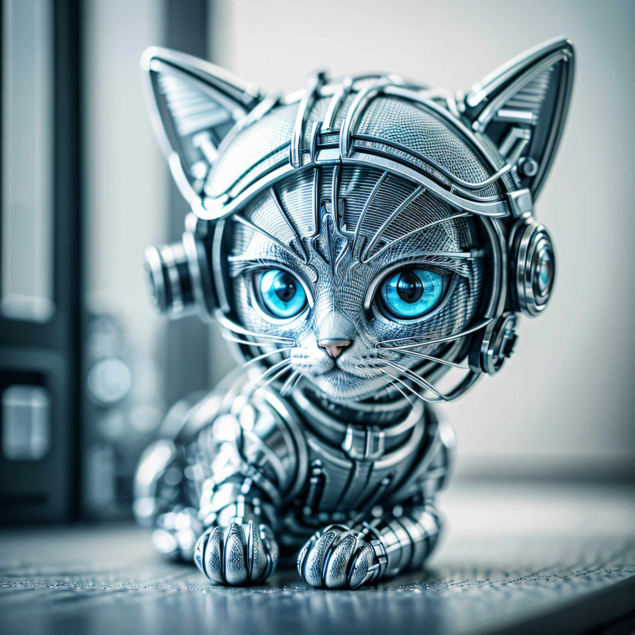 Cute Kitten Made of Metal, (Cyborg: 1.1), ([Tail | Detailed Wire]: 1.3), (Complex Detail), HDR, (Complex Detail, Ultra Detail: 1.2), Cinematic Shot, Vignette, Center, Blue Eyes --auto --s2