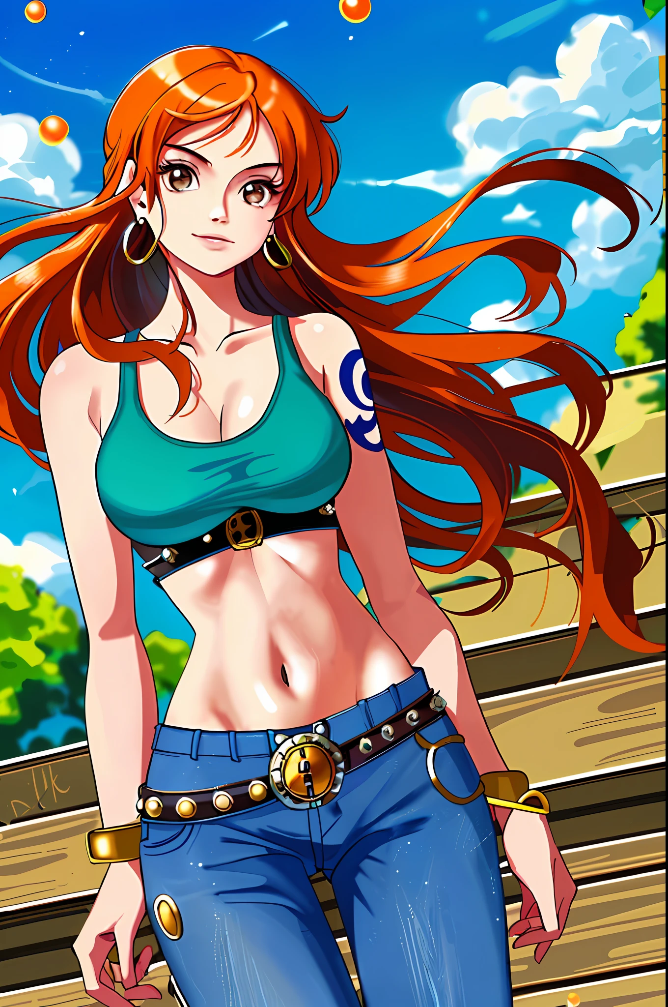 nami \(one piece\), 1girl, bracelet, bangs, bare shoulders, belt, bare breasts, blue sky, bracelet, breasts, brown eyes, bubble, cloud, cowboy shot, day, denim, earrings, floating hair, green belt, jeans, jewelry, big breasts, pose log, long hair, look at the viewer, navel, orange hair, pants, shoulder tattoo, side straps, sky, smile, solo, standing, nsfw, tattoo , ((masterpiece))