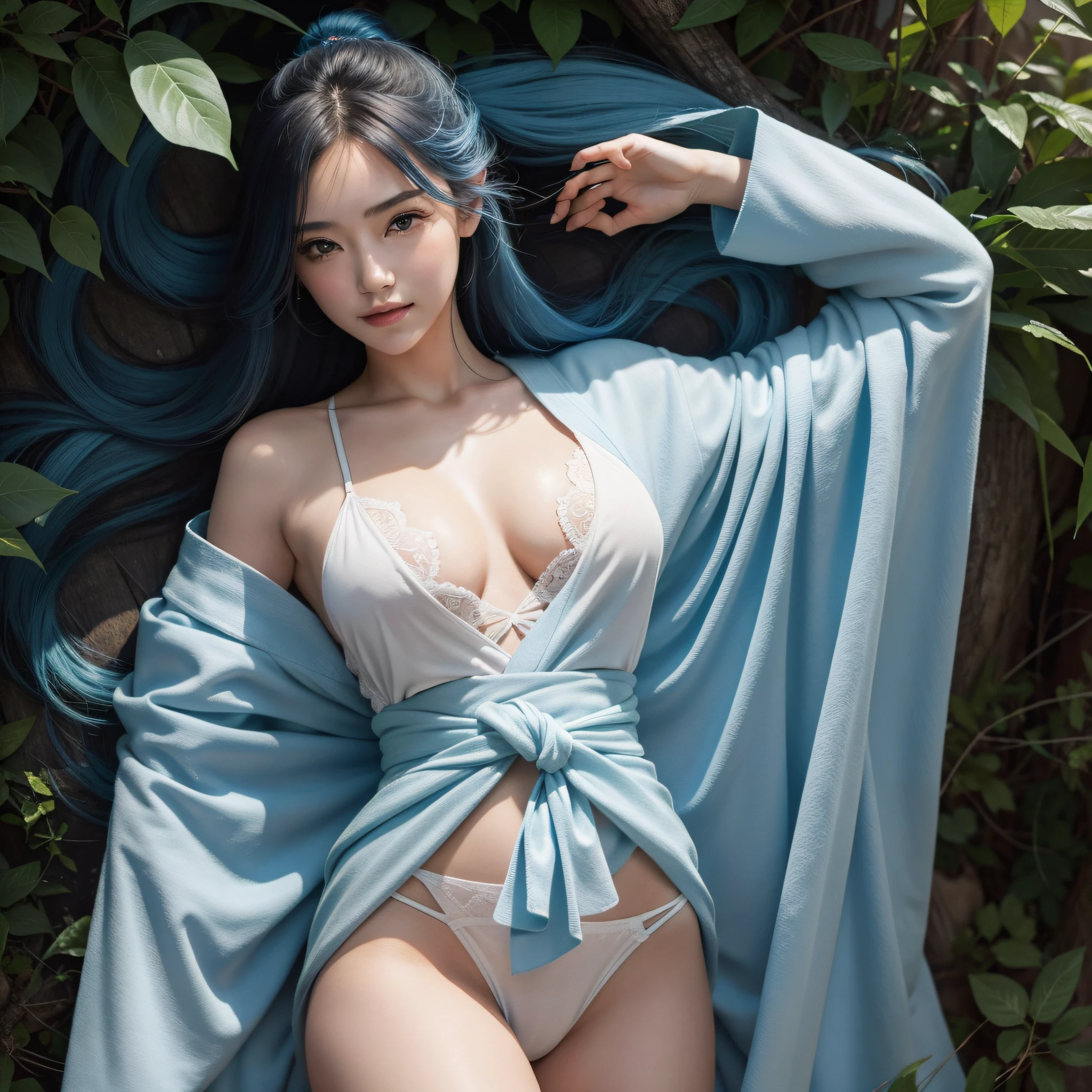 (hyperrealistic) , (illustration), (increase resolution), (8K), (extremely detailed), (best illustration), (beautiful detailed eyes), (best quality), (ultra-detailed), (masterpiece), (wallpaper), (detailed face), solo, 1 girl, looking at the audience, delicate details, detailed face, pureerosfaceace_v1, smile, long hair, exposed short kimono, sexy pose, full body shot, grass, no underwear, back photo. Exposed butt, sky blue hair, buttocks, buttocks, side breasts,