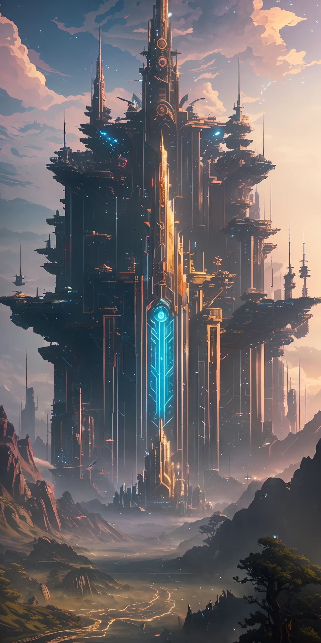 Illustration of a hyperrealistic , otherworldly, ultrasky scene featuring a giant indian demi gods,full body,very detailed and magical neon lighting, intricate cityscape details, vegetation and river around, solarpunk ,landscape, giant tree, beatifull leafy with beautiful lighting and realistic proportions, as if it were a cinematic background, 8k, highest quality, masterpiece, clouds and stars in the sky.Sky, Clouds, holding_weapon, no_humans, Glow,cyborg, city with tall trees _Architecture, “sky, cloud, glowing,ghost in the shell, ghost machines, robot, cybernetic _mech, sci-fi, cityscape, realistic, mechanical” Science Fiction, Cities, Rendered in Octane, hyper realistic, 8k, epic composition, cinematic, octane render, artstation landscape vista photography by Carr Clifton & Galen Rowell, 16K resolution, Landscape veduta photo by Dustin Lefevre & tdraw, 8k resolution, detailed landscape painting by Ivan Shishkin, DeviantArt, Flickr, rendered in Enscape, Miyazaki, Nausicaa Ghibli, Breath of The Wild,,trending in artstation, cgsociety, 8k post-processing highly detailed,Junji Murakami, Mucha Klimt, Sharandula, Hiroshi Yoshida, Tom Bagshaw, Ross Tran, Artgerm,Craig Mullins,dramatic,Junji Murakami, moody lighting rendered by octane engine,characters 8K symmetrical arstation, cape,cinematic lighting, intricate details, 8k detail post processing, hyperealistic, octane rend, Zdzisław Beksiński style, ar 2:3 Reality Reality –auto –v6 –s2 --auto --s2