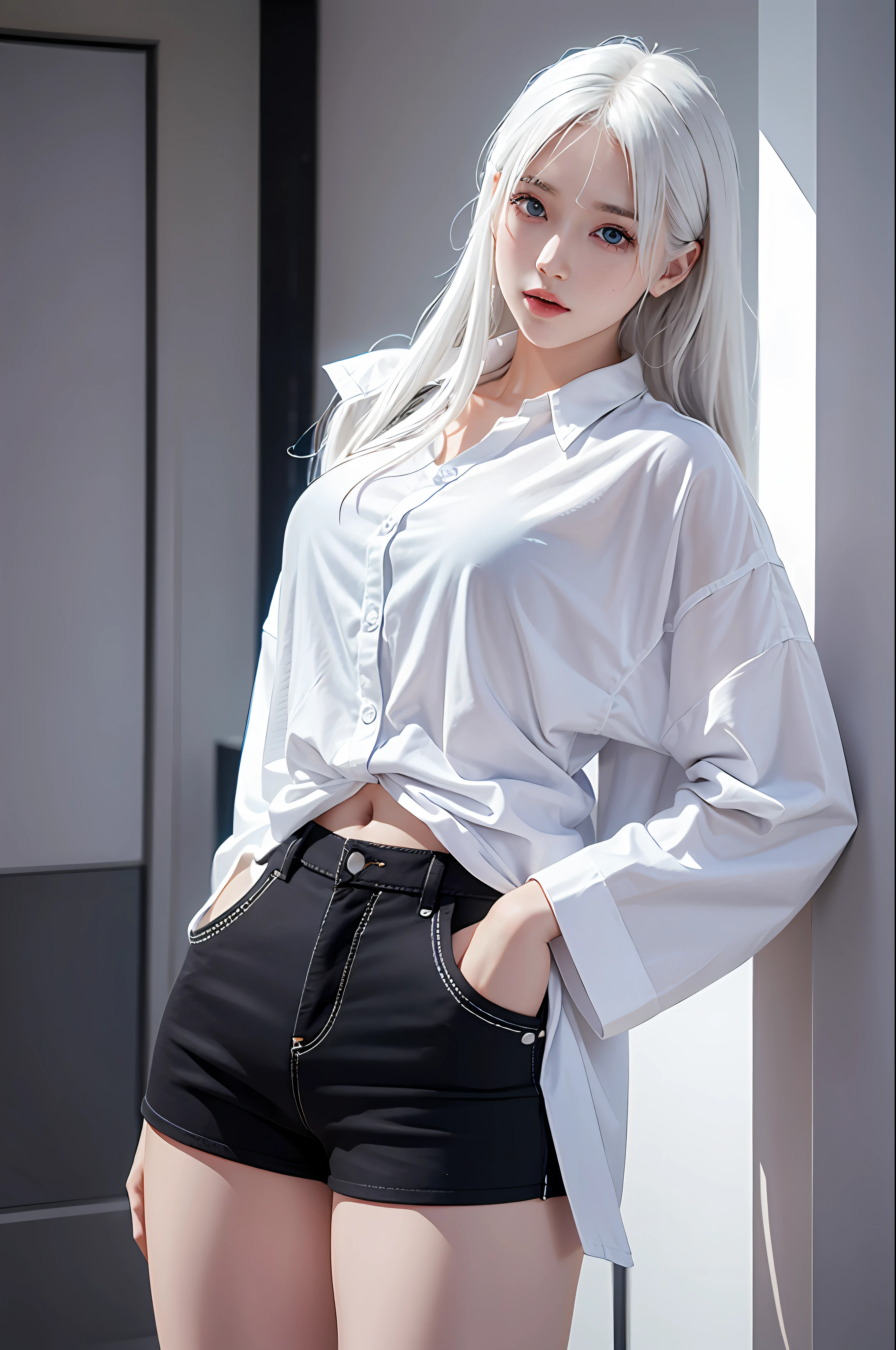 photorealistic, high resolution, 1 girl, white hair, korean, blue eyes, white shirt, skimpy tight black shorts, thick thighs