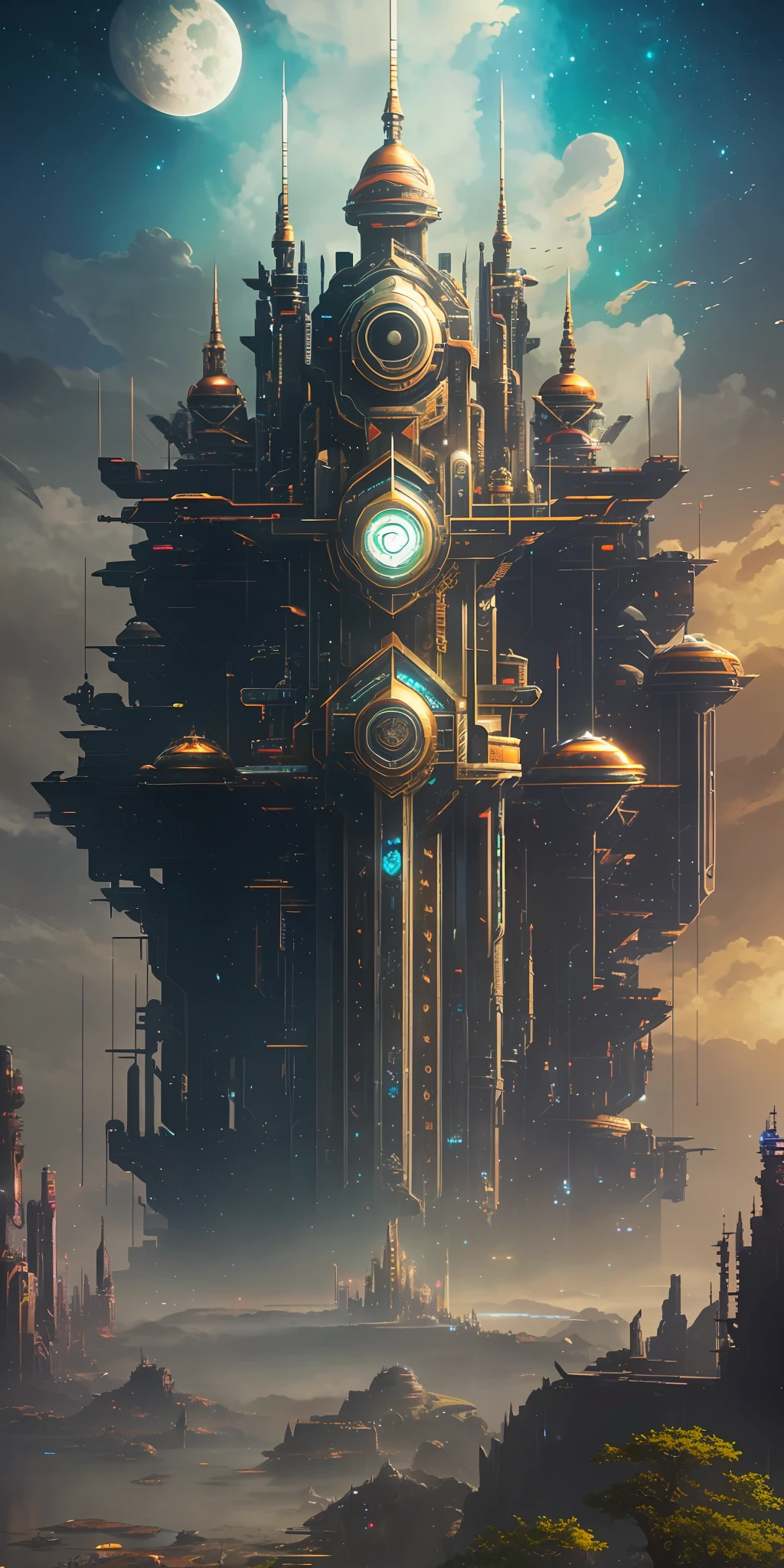 Illustration of a hyperrealistic , otherworldly, ultrasky scene featuring a giant indian demi gods,full body,very detailed and magical neon lighting, intricate cityscape details, vegetation and river around, solarpunk ,landscape, giant tree, beatifull leafy with beautiful lighting and realistic proportions, as if it were a cinematic background, 8k, highest quality, masterpiece, clouds and stars in the sky.Sky, Clouds, holding_weapon, no_humans, Glow,cyborg, city with tall trees _Architecture, “sky, cloud, glowing,ghost in the shell, ghost machines, robot, cybernetic _mech, sci-fi, cityscape, realistic, mechanical” Science Fiction, Cities, Rendered in Octane, hyper realistic, 8k, epic composition, cinematic, octane render, artstation landscape vista photography by Carr Clifton & Galen Rowell, 16K resolution, Landscape veduta photo by Dustin Lefevre & tdraw, 8k resolution, detailed landscape painting by Ivan Shishkin, DeviantArt, Flickr, rendered in Enscape, Miyazaki, Nausicaa Ghibli, Breath of The Wild,,trending in artstation, cgsociety, 8k post-processing highly detailed,Junji Murakami, Mucha Klimt, Sharandula, Hiroshi Yoshida, Tom Bagshaw, Ross Tran, Artgerm,Craig Mullins,dramatic,Junji Murakami, moody lighting rendered by octane engine,characters 8K symmetrical arstation, cape,cinematic lighting, intricate details, 8k detail post processing, hyperealistic, octane rend, Zdzisław Beksiński style, ar 2:3 Reality Reality –auto –v6 –s2 --auto --s2