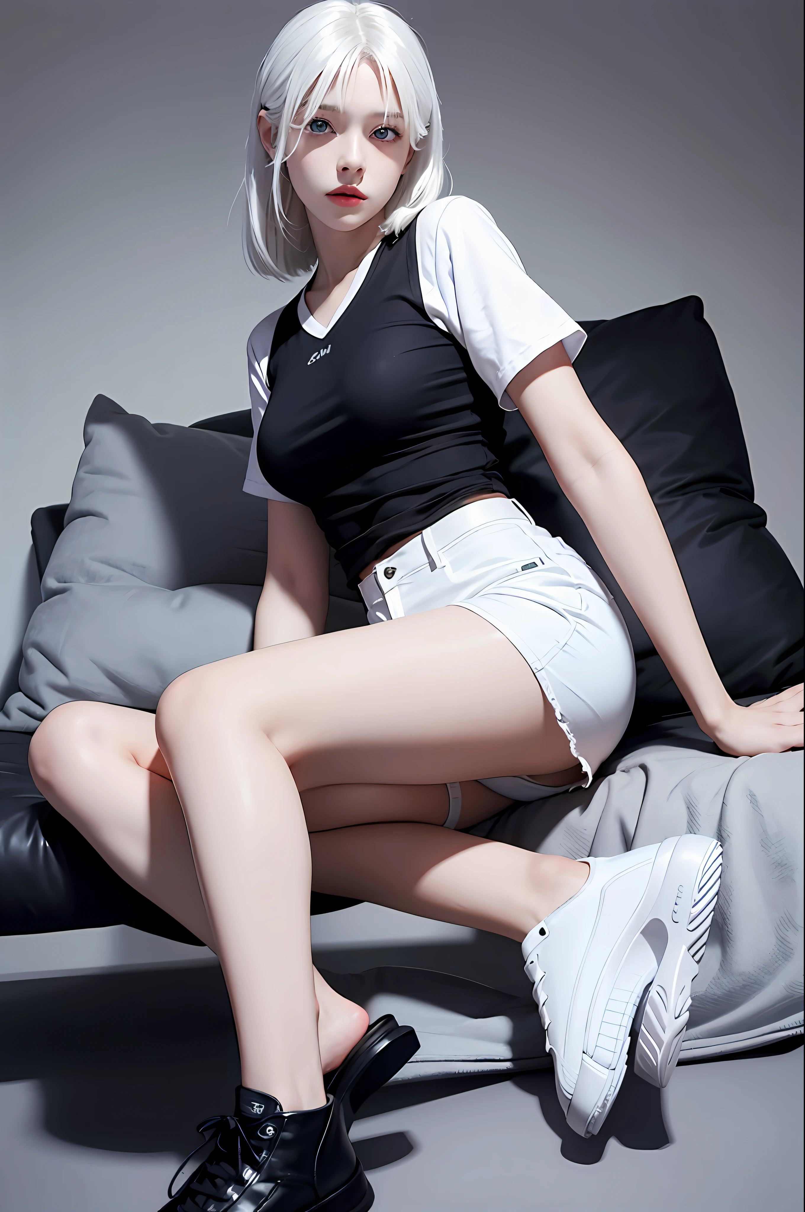 Realistic, high resolution, 1 girl, white hair, Korean, blue eyes, white shirt, tight black shorts, long legs
