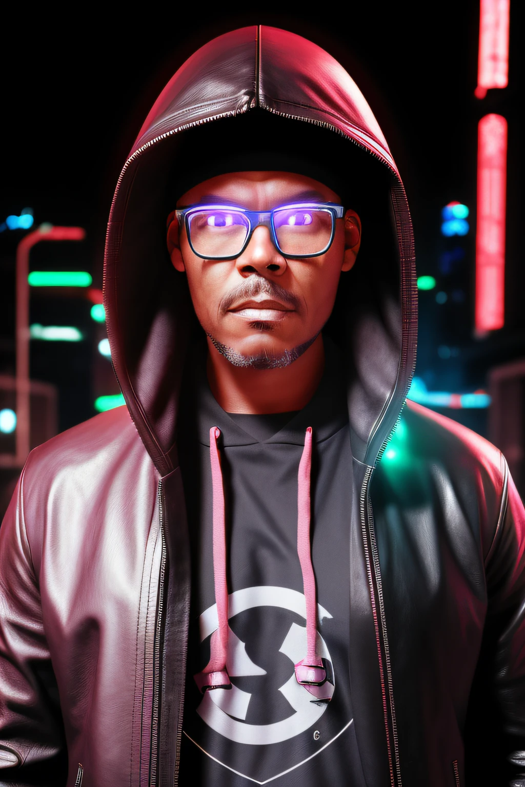 guttonerdvision4, a man wearing glasses, detailed skin and face, half body, with hooded leather clothing, cyberpunk style, neon, colored lights, ultra realistic cyberpunk scenery, realistic character,