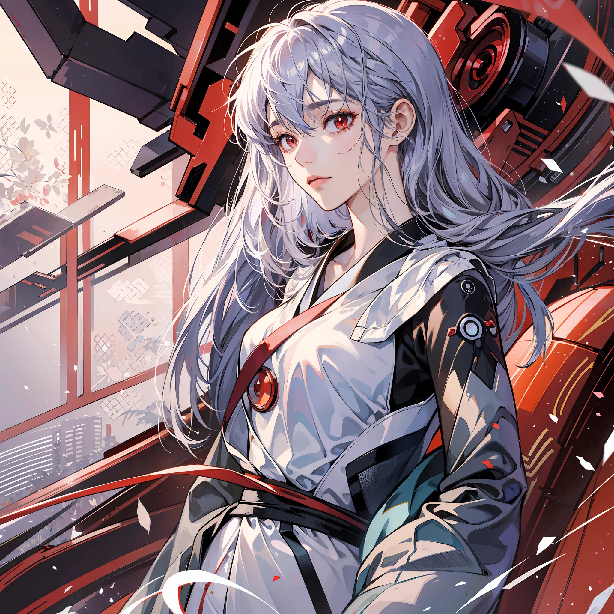 Masterpiece, Best Quality, Best Quality, Evangelion, Rei, Rei Ayanami's Face, Japanese Clothes, Kimono, Slender , Plug Suit, Ironwoman Suit, Red Eyes, Detailed Eyes, Silver Hair, Long Hair, Solo, One Girl, Five Fingers --auto --s2