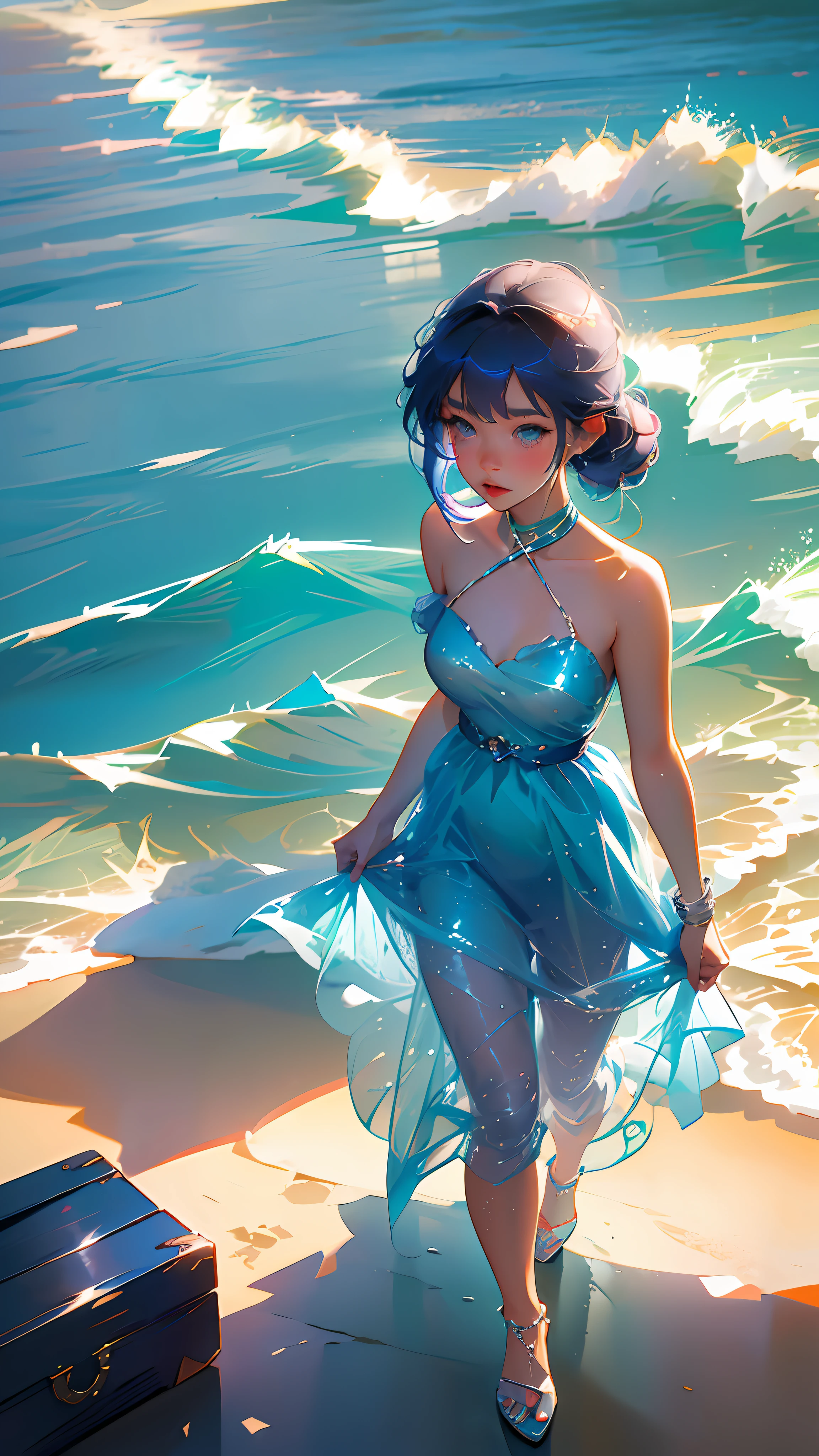 anime girl with blue hair standing on a beach near the ocean, wallpaper anime blue water, loli in dress, anime style 4 k, anime art wallpaper 8 k, anime art wallpaper 4k, anime art wallpaper 4 k, 4k anime wallpaper, beautiful anime artwork, beautiful anime, beautiful anime girl, beautiful anime art, cute anime waifu in a nice dress