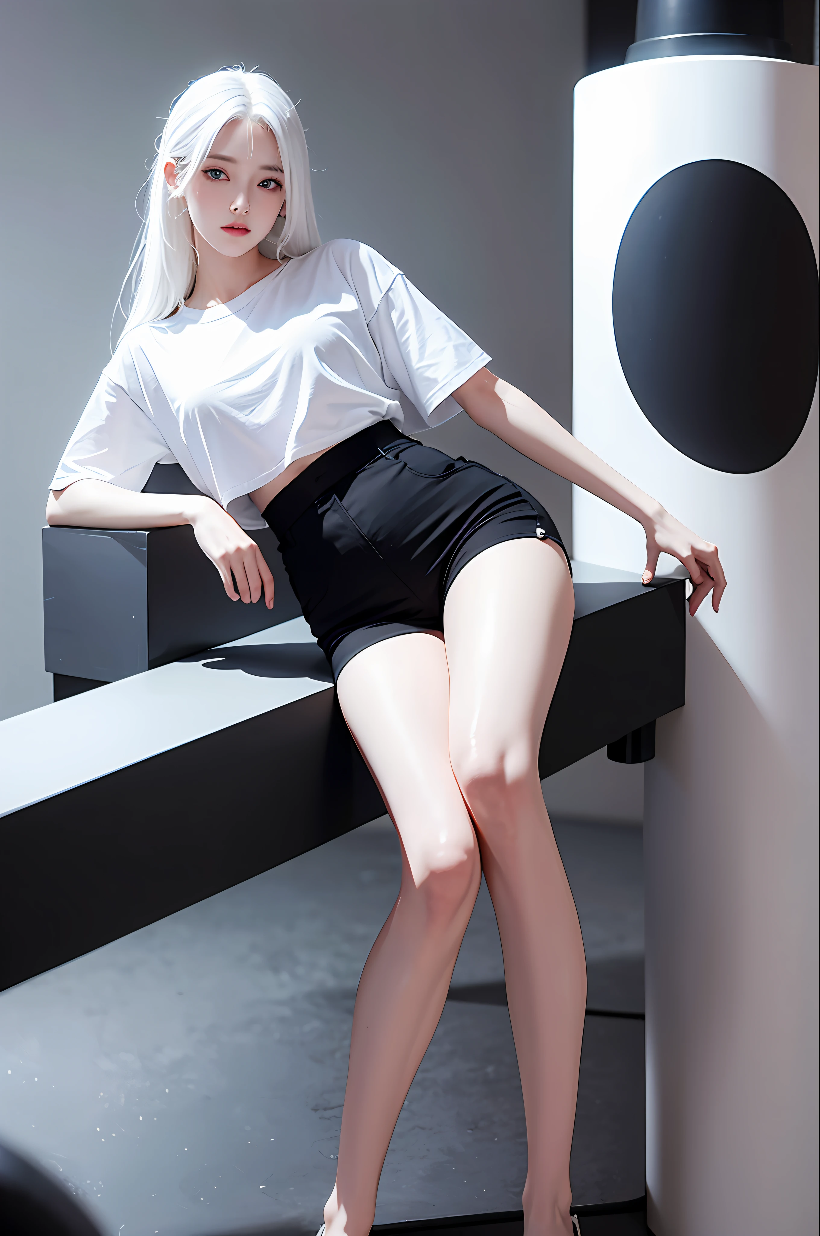 Realistic, high resolution, 1 girl, white hair, Korean, blue eyes, white shirt, tight black shorts, long legs