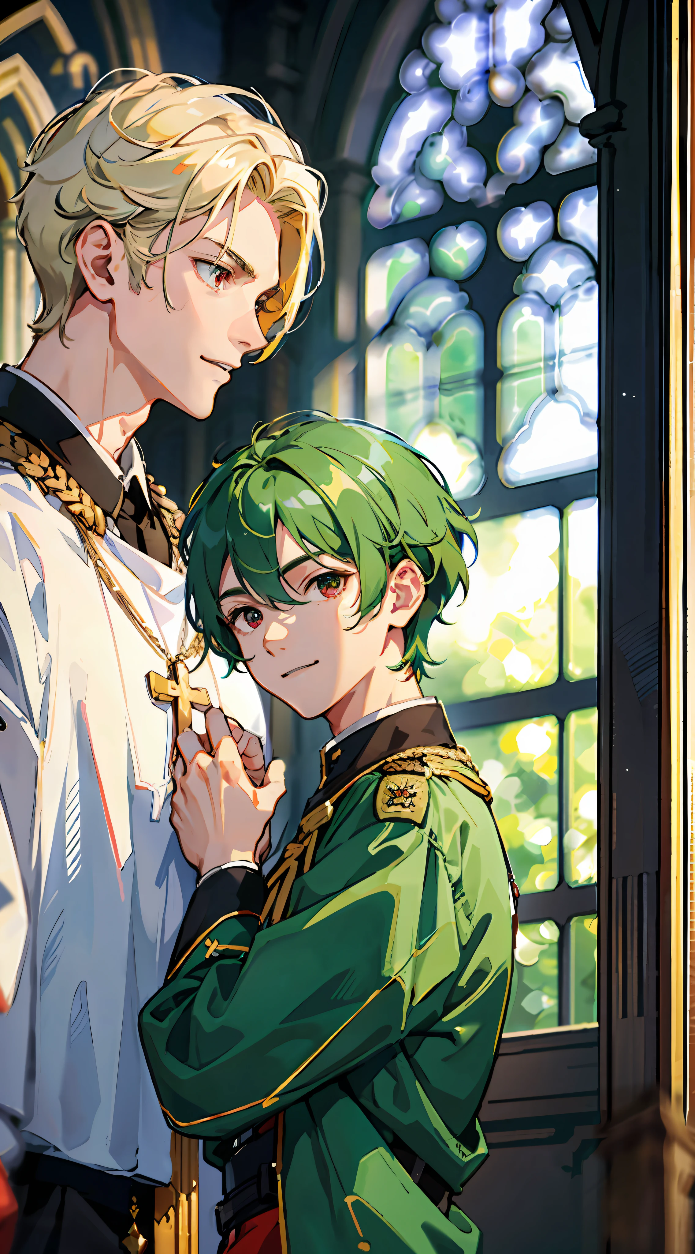 (Masterpiece: 1.4, highest image quality)),two young men facing each other in church　,and 
 highest image quality, extremely cute and cool 2young mens,(cool young man very short blonde hair and red eyes and military uniform:1.2),and highest image quality, extremely cute and cool 2young mens,(cute young man and green hair and big eyes and white clergy robes:1.2) ,dynamic pose,smile