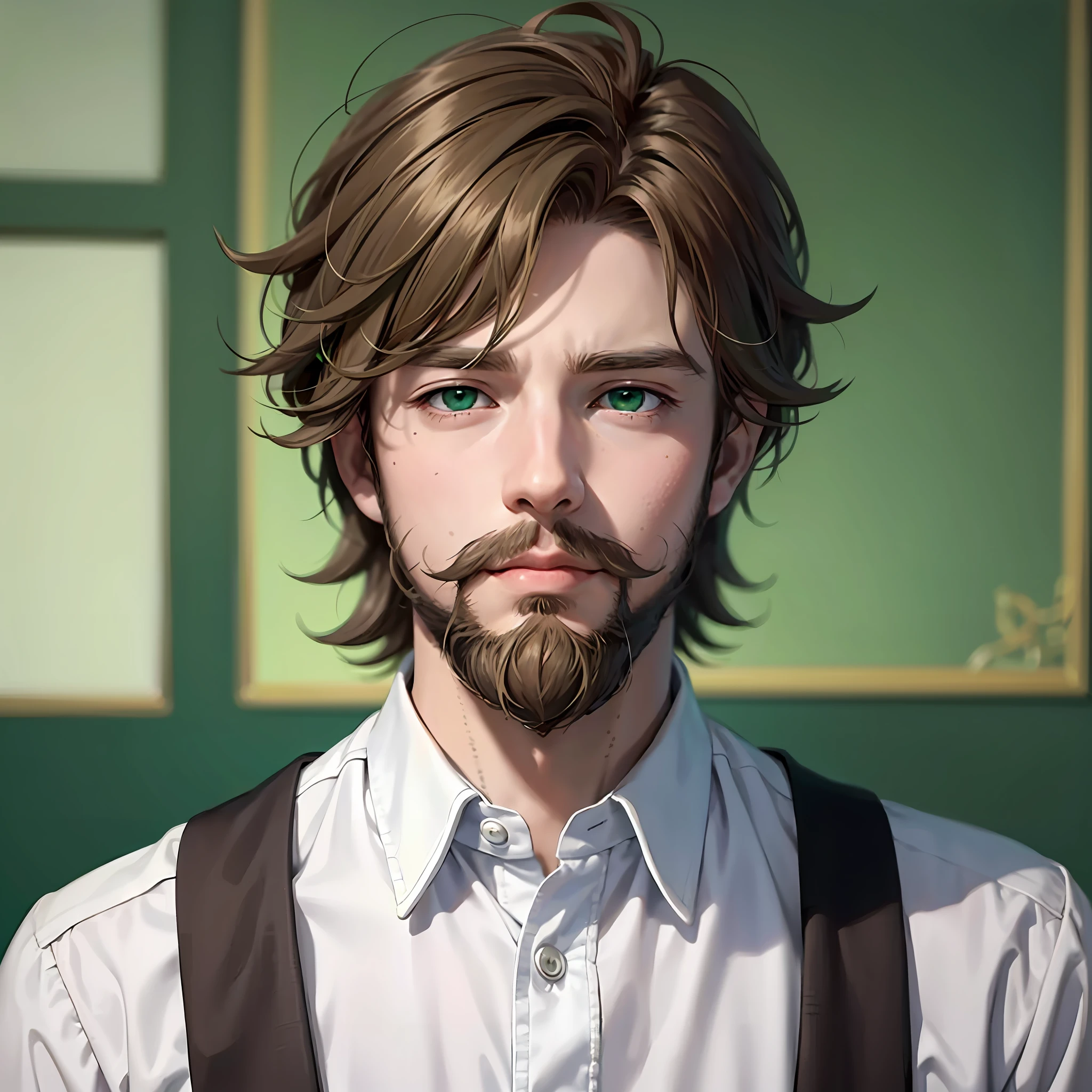 Superior quality, anime style, anime image, man (light brown hair, green colored eyes, white skin, with beard), only face, wearing high school clothes. --auto --s2