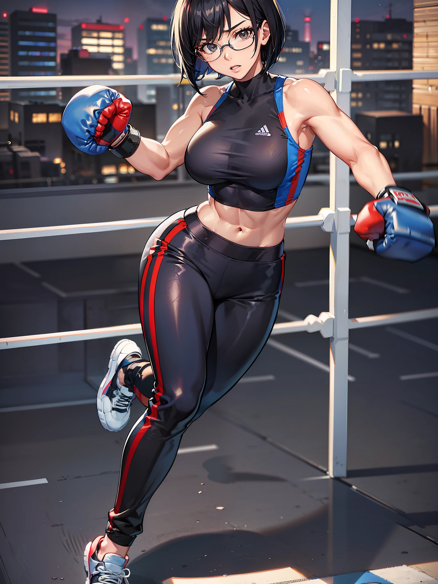 Female boxer, black hair, bob cut, glasses, tracksuit on top, half pants on the bottom, dark blue overall, bright boxing gym in the background, muscles, bandage in both hands, petite, punching bag