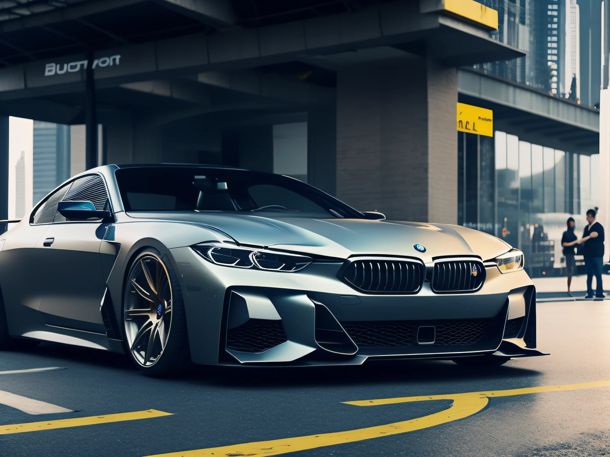 fking_scifi_v2, a photo of a ((Ferrari:Pickup:1.5:0.65) car, BMW 5 Series, cyberpunk theme, picture center, trends on ArtStation, trends on CGSociety, intricate, highly detailed, sharp, dramatic