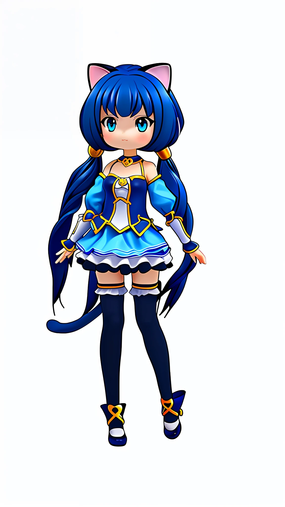 Anime girl with blue hair and cat tail, cat girl, magical girl style, anime moe art style, full body, brunette mage, 3d