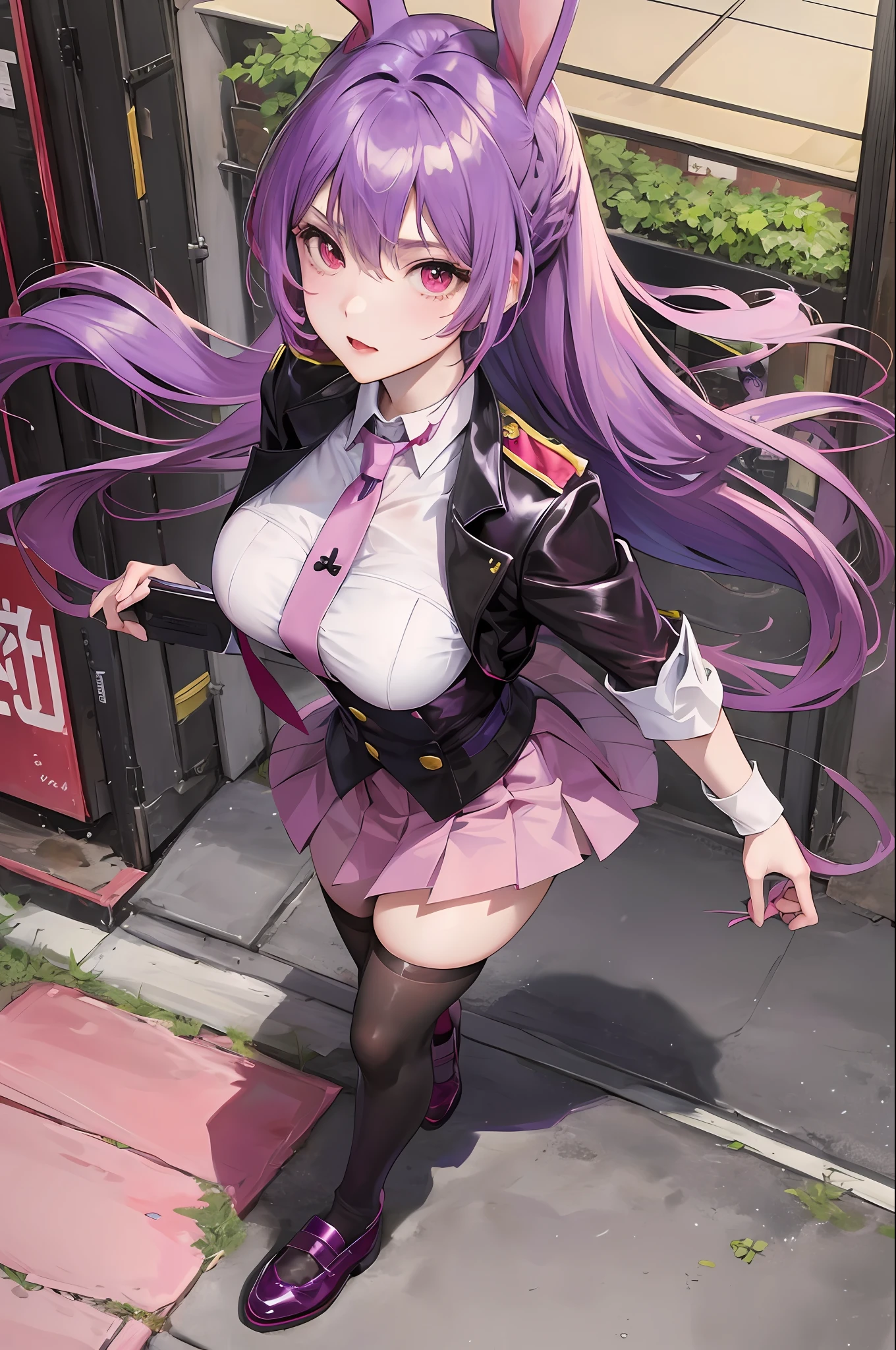official art, masterpiece, sharp focus, purple hair, red eyes, rabbit ears, long hair, uniform, pink skirt, tie, leather shoes, purple stockings, suzusen yuzukain inaba, realistic, super detailed,