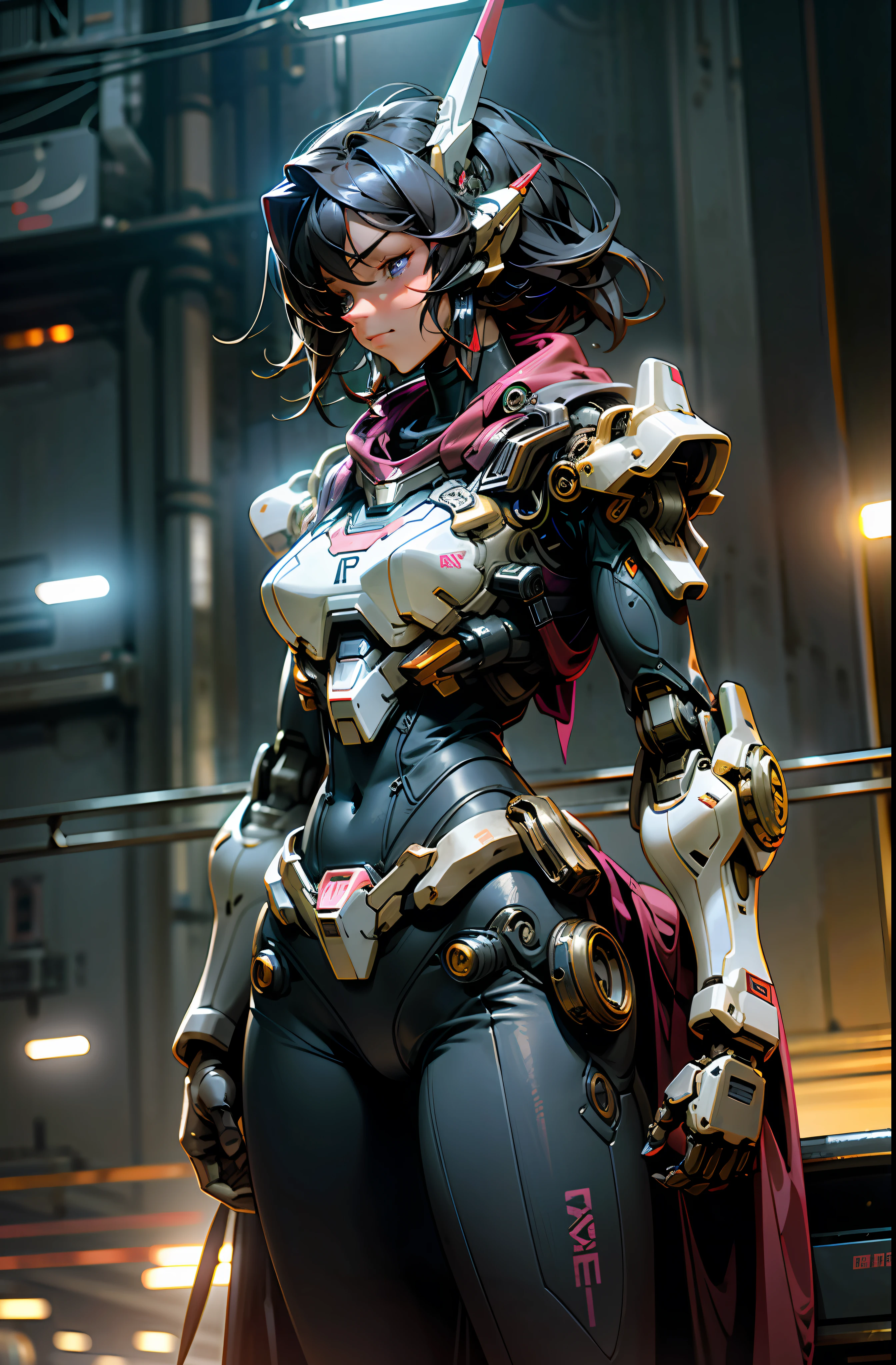 Girl, Sexy,, Face and Chest and Thighs Skin Exposed, Big, Cleavage Exposed Skin, Purple Eyes, Glowing Eyes, Fine LED Lamps, Detailed Neon, Dark_Fantasy, Cyberpunk Suit, (Gundam, Red: 1.1), One, Mechanical Wonders, Robotic Presence, Cybernetic Guardian, Wearing a worn-out mech suit, complex, (Steel Metal[rusty]), elegant and clear focus, cinematography by Gregg Lutkowski, soft lighting, vivid colors, masterpieces, (street)), cowboy shots, dynamic poses,