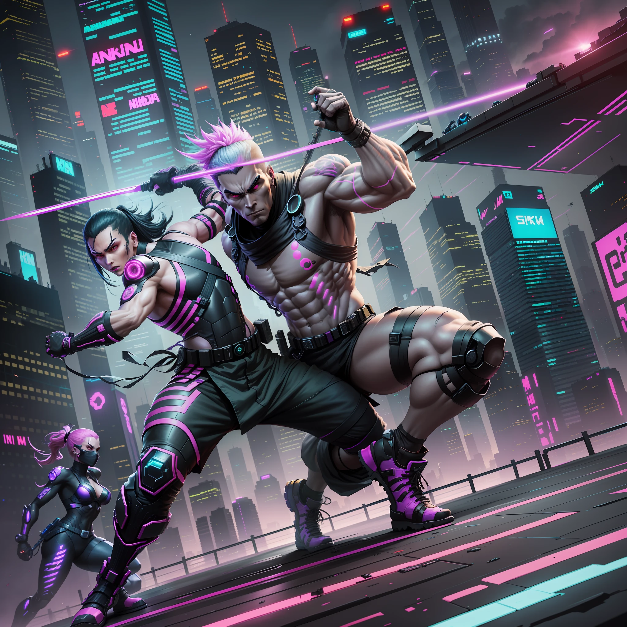 Picture cyberpunk ninjas engaged in fierce battles with their enemies on the rooftops of a city sparkling in bright neon colors.
Ninjas have glowing cyber-tech mods and futuristic weapons, and use agile movement and martial arts to face their enemies. In the background are skyscrapers and neon billboards, create a sense of the city and futuristic, Ninja
