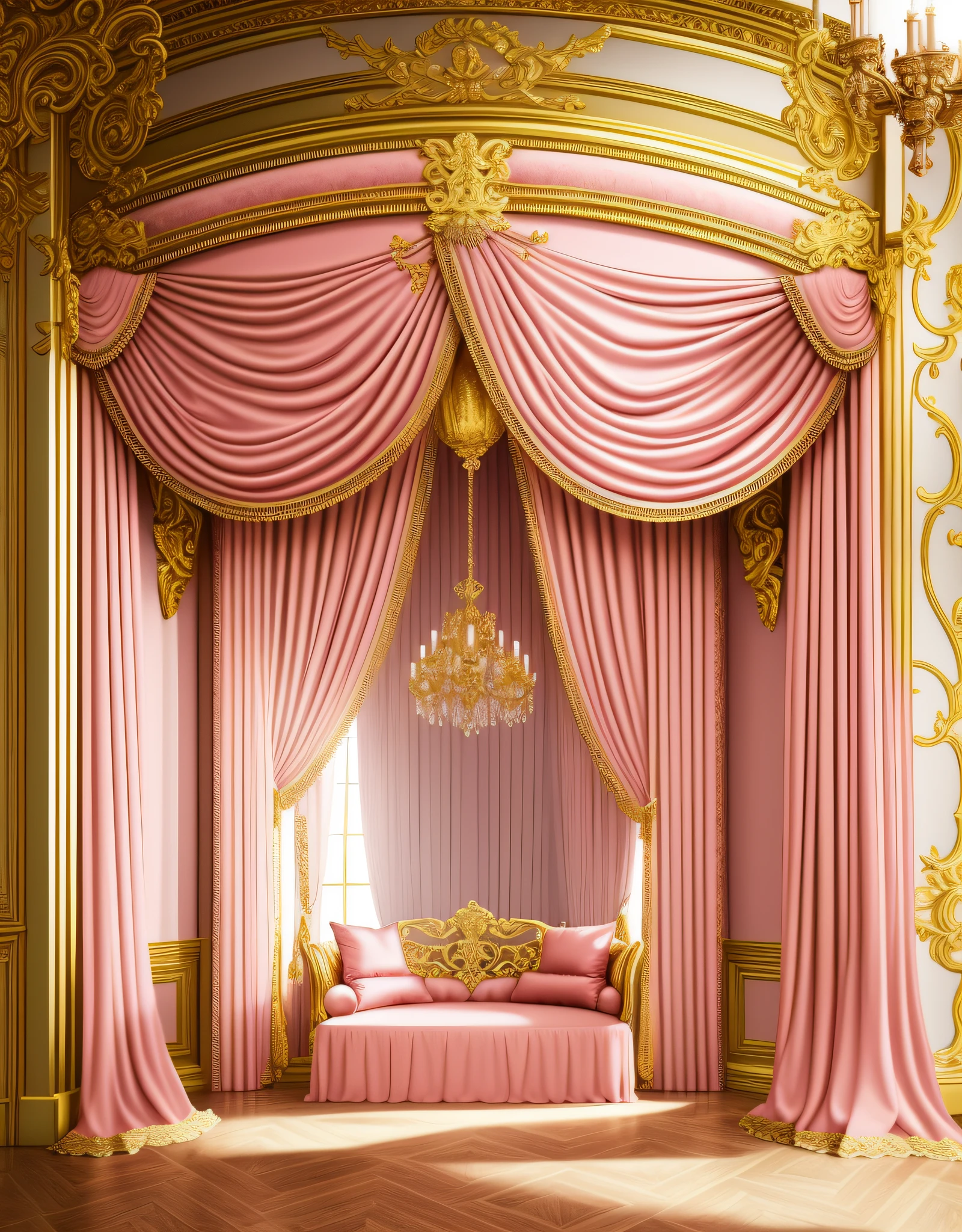There is a pink and gold room, beautiful curtains, draped curtains, rococo style, ornate elegance, baroque painting background, elegant and ornate, rococo style, fancy drapery on furniture, rococo color scheme, curtains, rich drapery, rococo elements