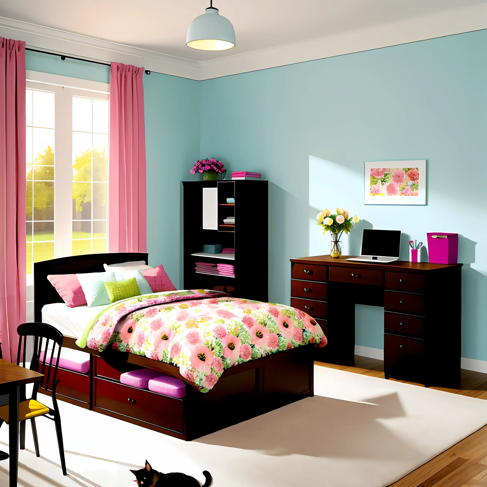 Furniture, advertisement, chairs, waredrobe, beds, tables, desks, family, people, happy, cat, dog, flowers