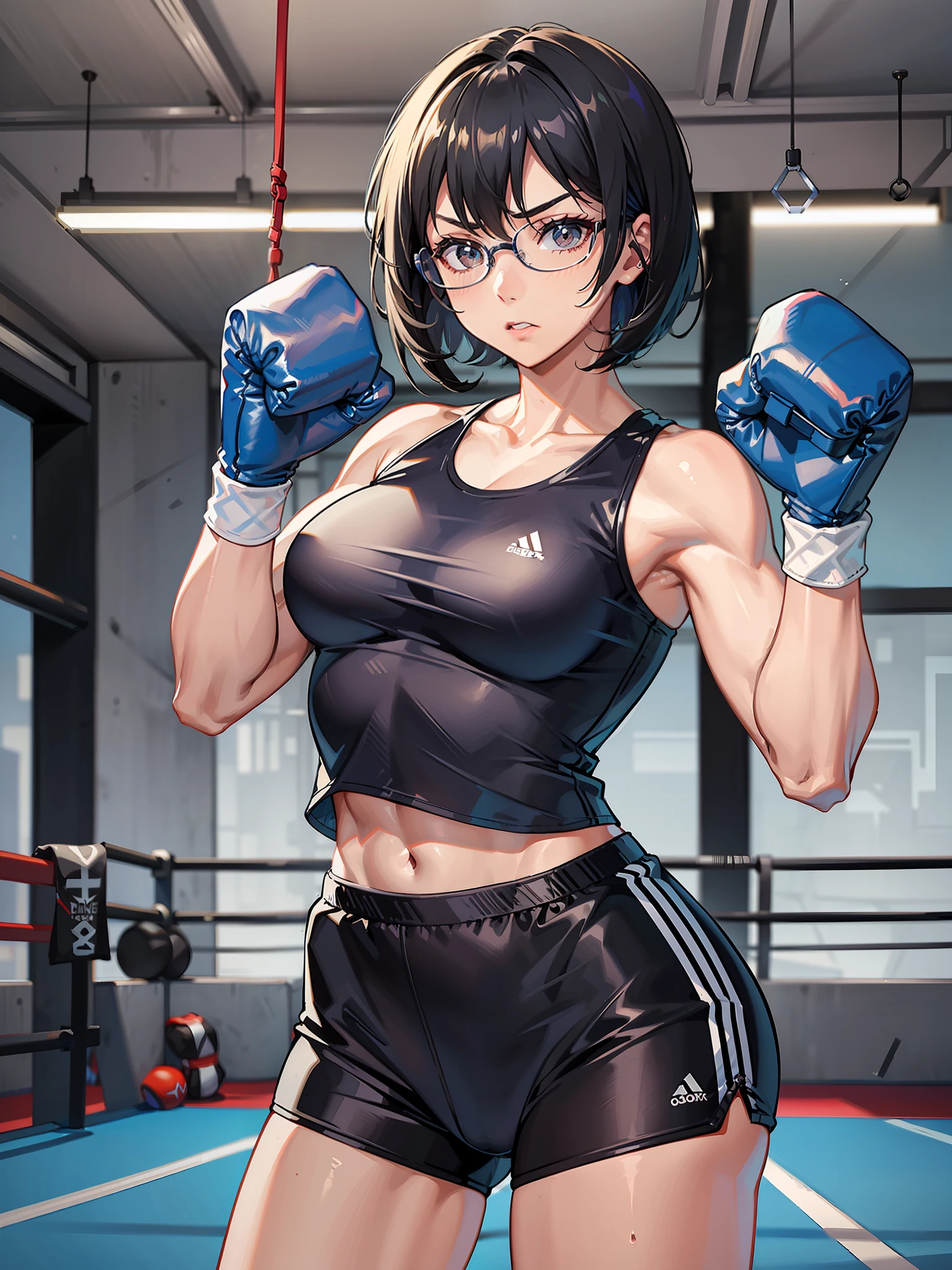 Female boxer, black hair, bob cut, glasses, tracksuit on top, half pants on the bottom, dark blue overall, bright boxing gym in the background, muscles, bandage in both hands, petite, punching bag