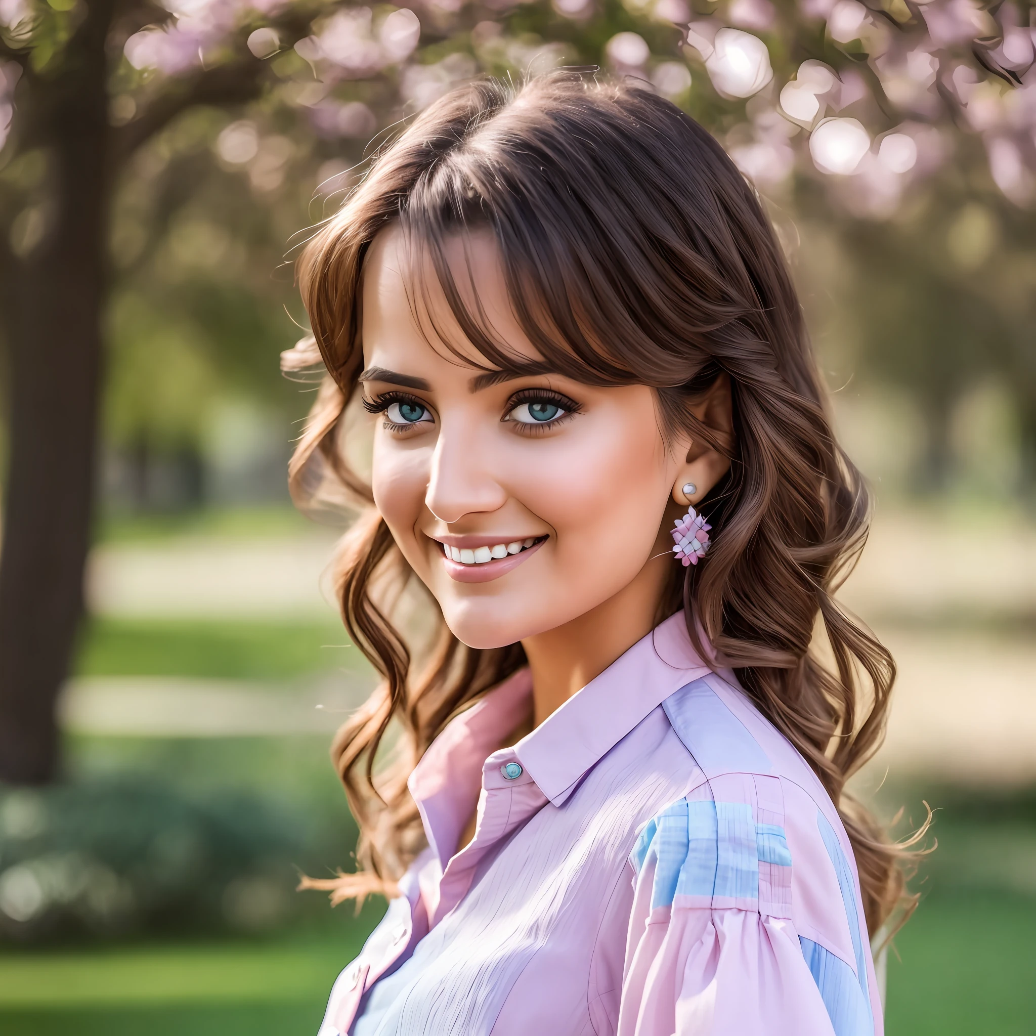 stunningly beautiful pastel button up blouse, close up, perfect day at the park, stunning face, RAW, 8K, UHD, stunning eyes, smiling:0.5 --auto --s2
